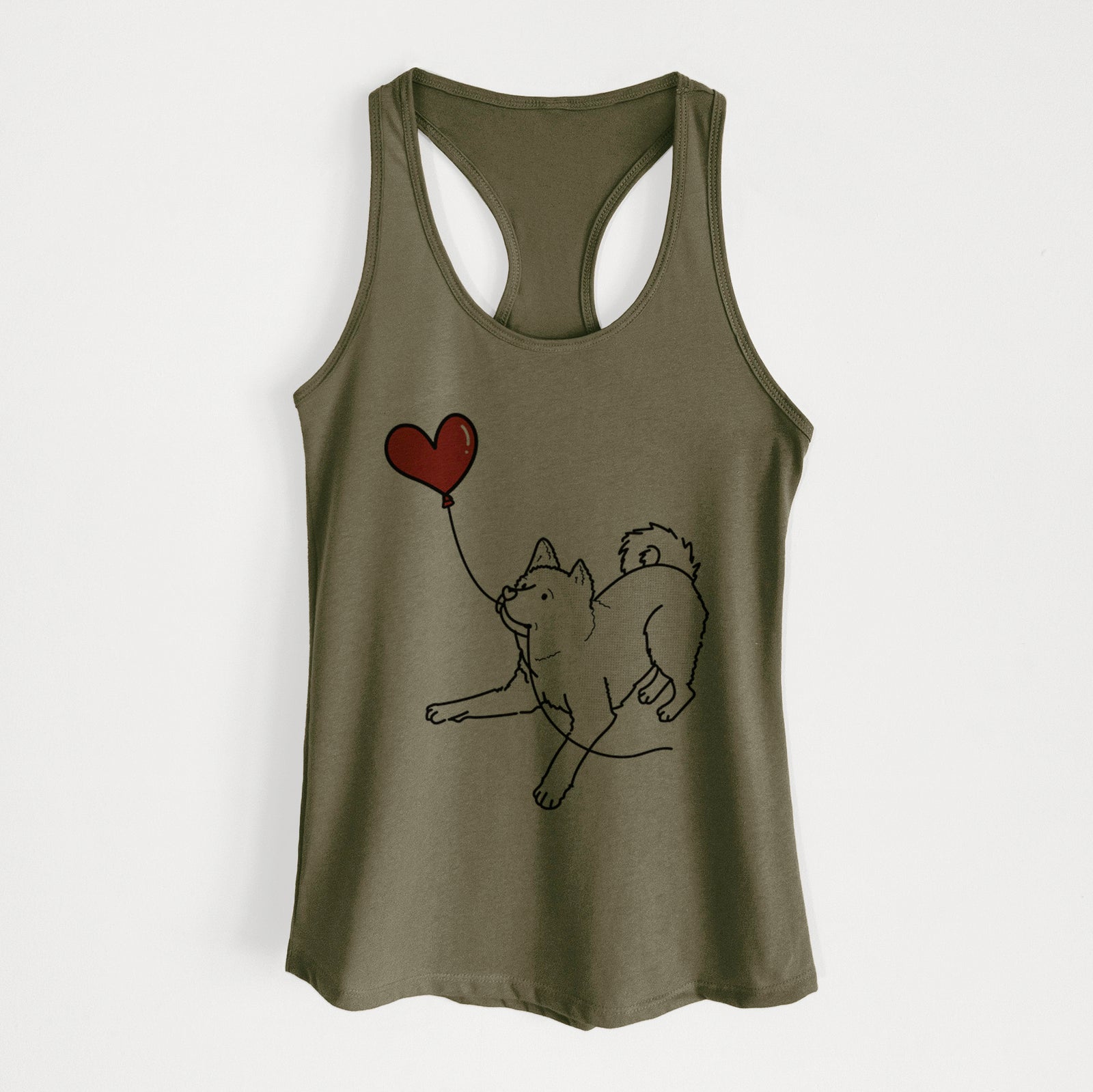 Minimalist line drawing of an Akita Heart String holding a heart balloon on a Military Green Women's racerback tanktop