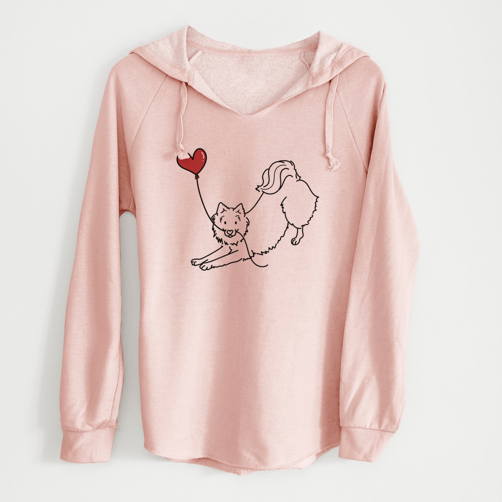 Minimalist line drawing of an American Eskimo Heart String holding a heart balloon on a Blush Cali Wave Hooded Sweatshirt