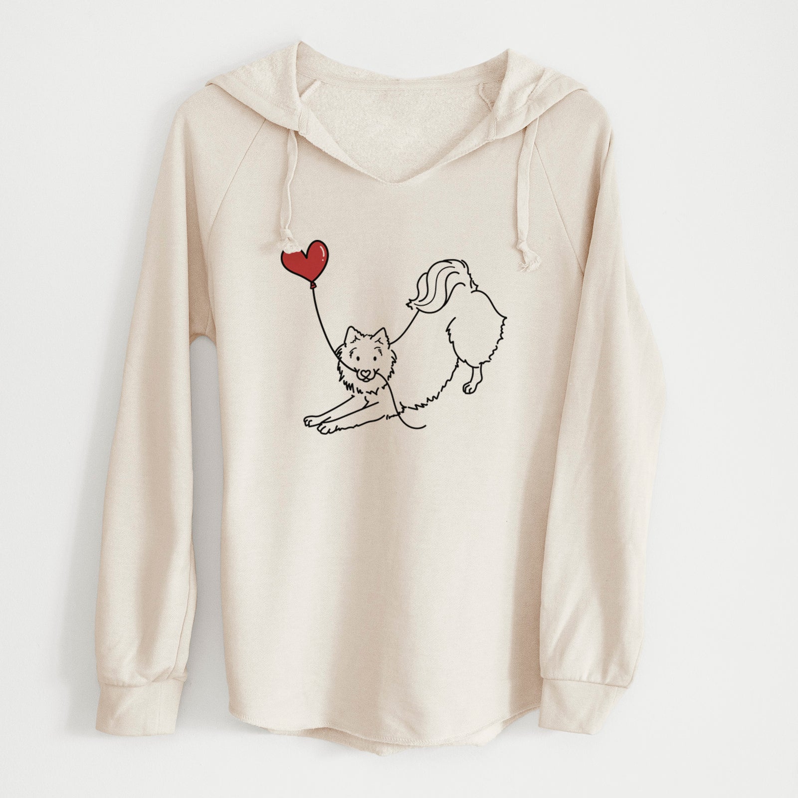 Minimalist line drawing of an American Eskimo Heart String holding a heart balloon on a Bone Cali Wave Hooded Sweatshirt