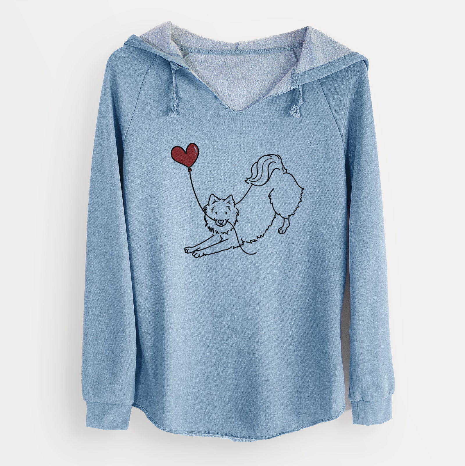 Minimalist line drawing of an American Eskimo Heart String holding a heart balloon on a Misty Blue Cali Wave Hooded Sweatshirt