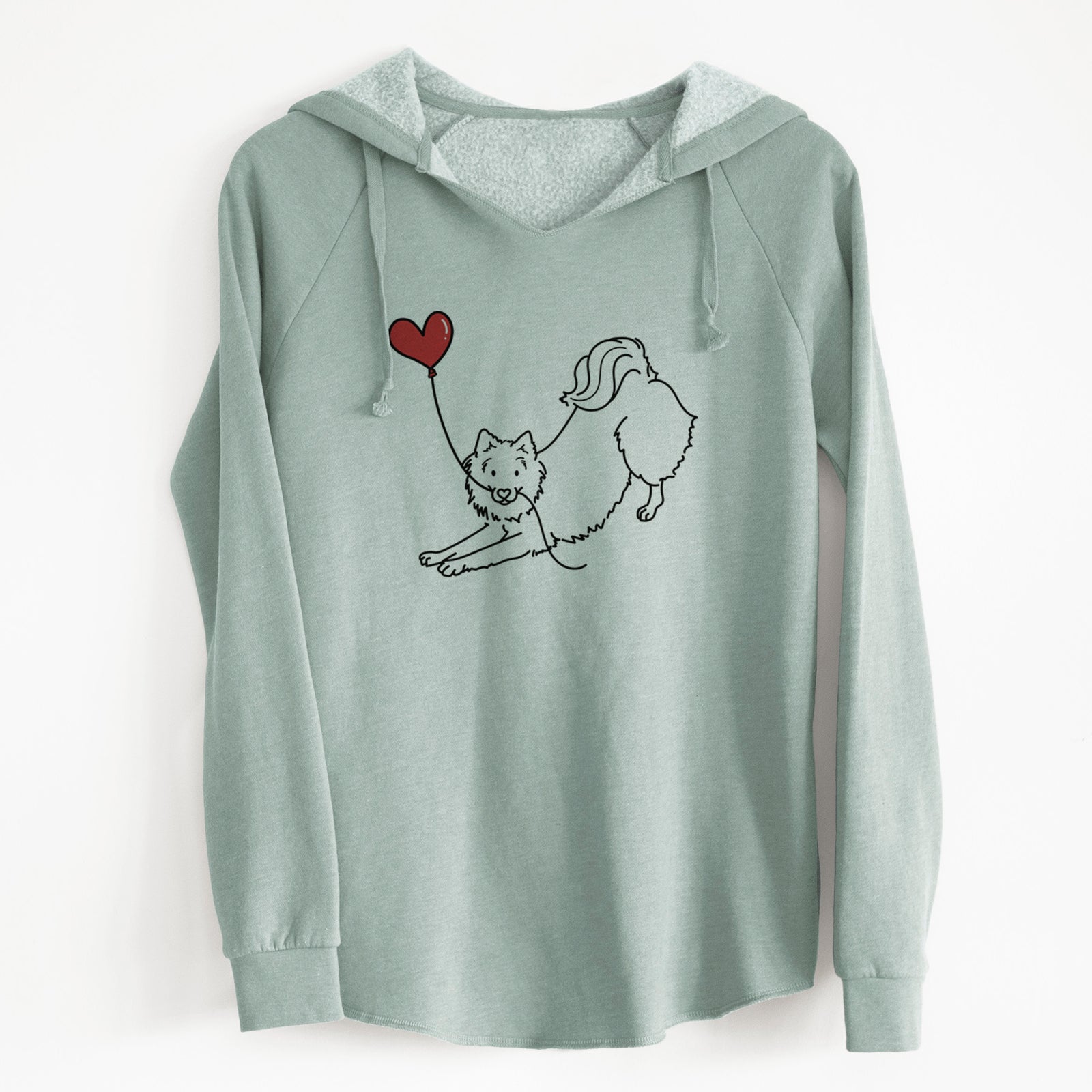 Minimalist line drawing of an American Eskimo Heart String holding a heart balloon on a Sage Cali Wave Hooded Sweatshirt