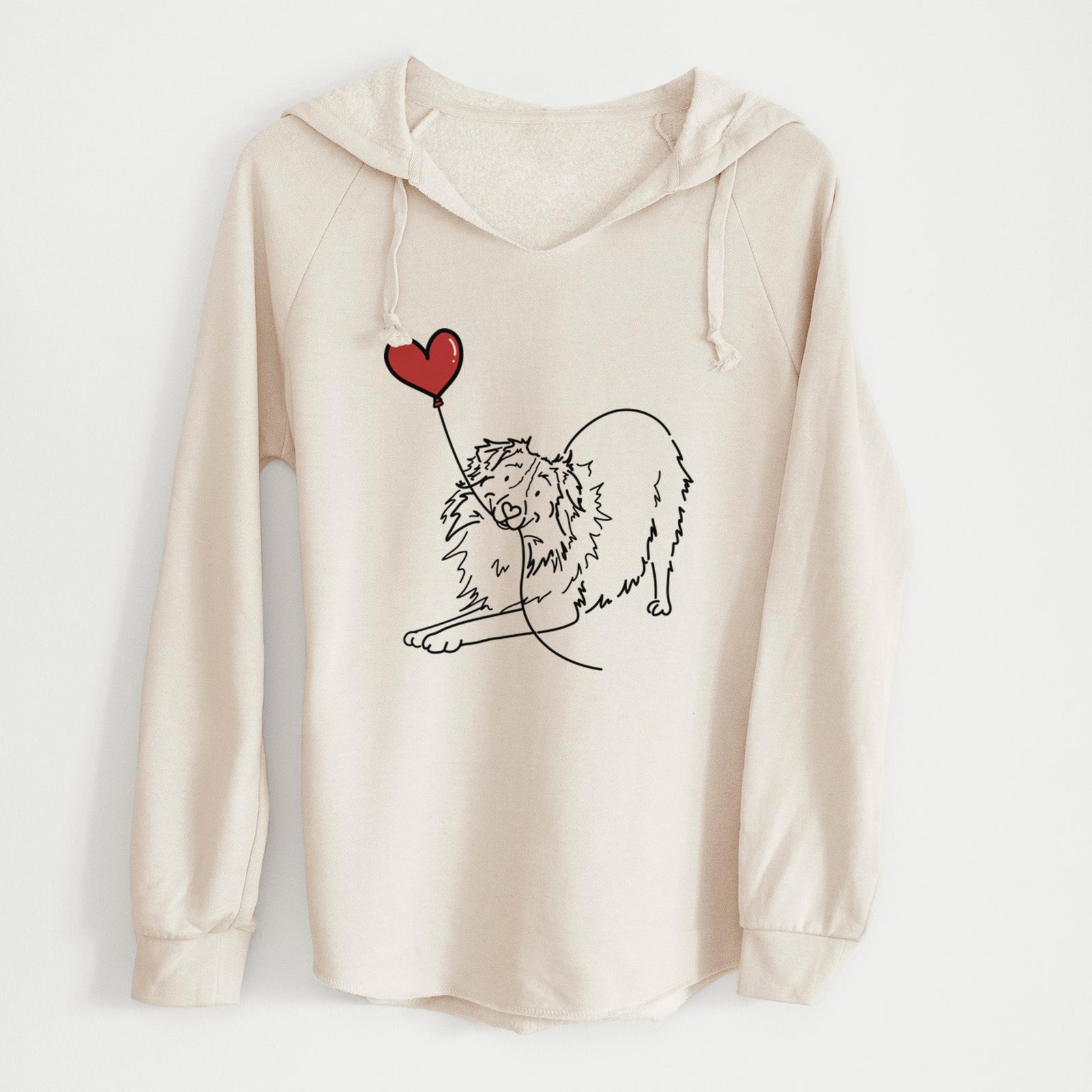 Minimalist line drawing of an Australian Shepherd Heart String holding a heart balloon on a Bone Cali Wave Hooded Sweatshirt