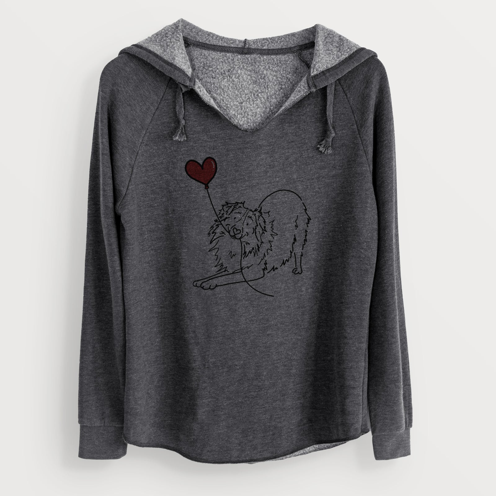 Minimalist line drawing of an Australian Shepherd Heart String holding a heart balloon on a Charcoal Cali Wave Hooded Sweatshirt