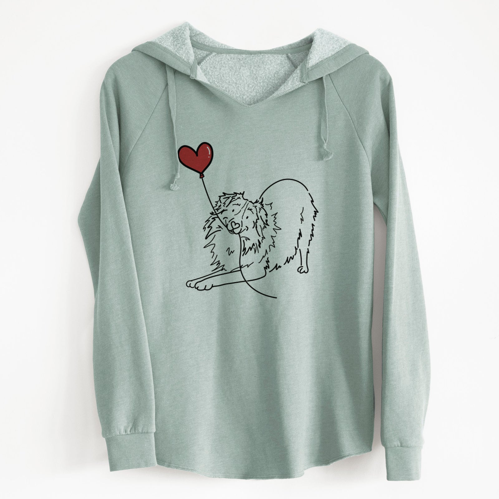 Minimalist line drawing of an Australian Shepherd Heart String holding a heart balloon on a Sage Cali Wave Hooded Sweatshirt