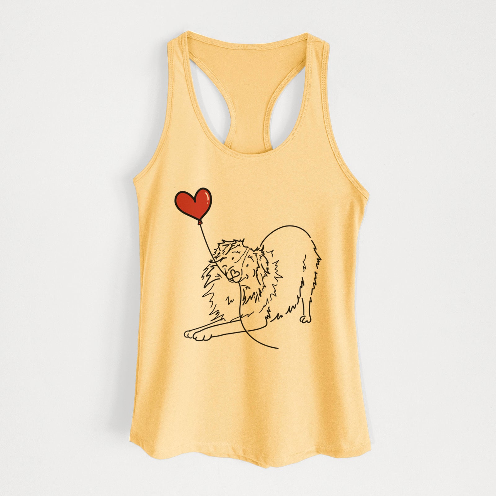 Minimalist line drawing of an Australian Shepherd Heart String holding a heart balloon on a Banana Cream Women's racerback tanktop