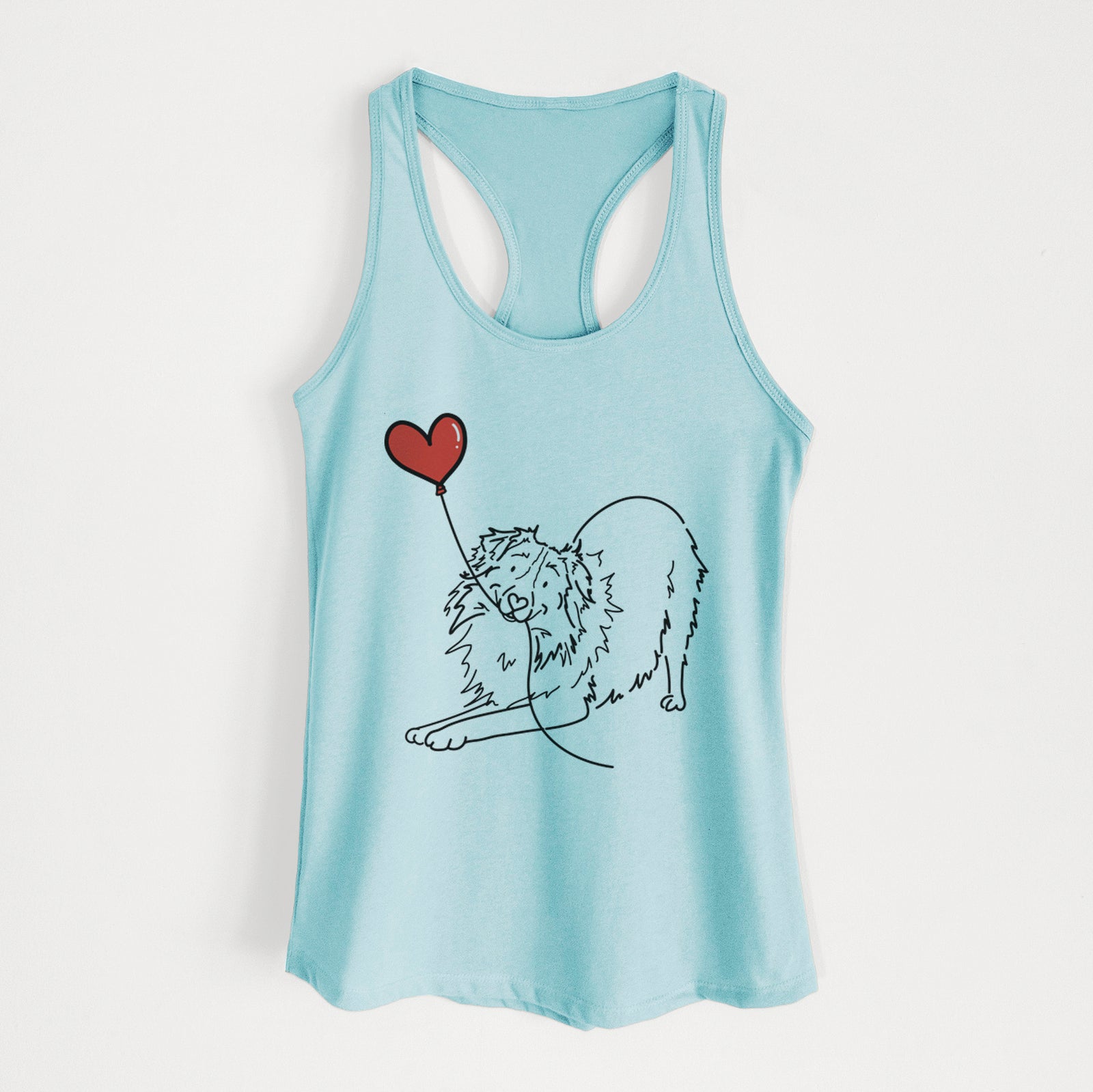 Minimalist line drawing of an Australian Shepherd Heart String holding a heart balloon on a Cancun Blue Women's racerback tanktop