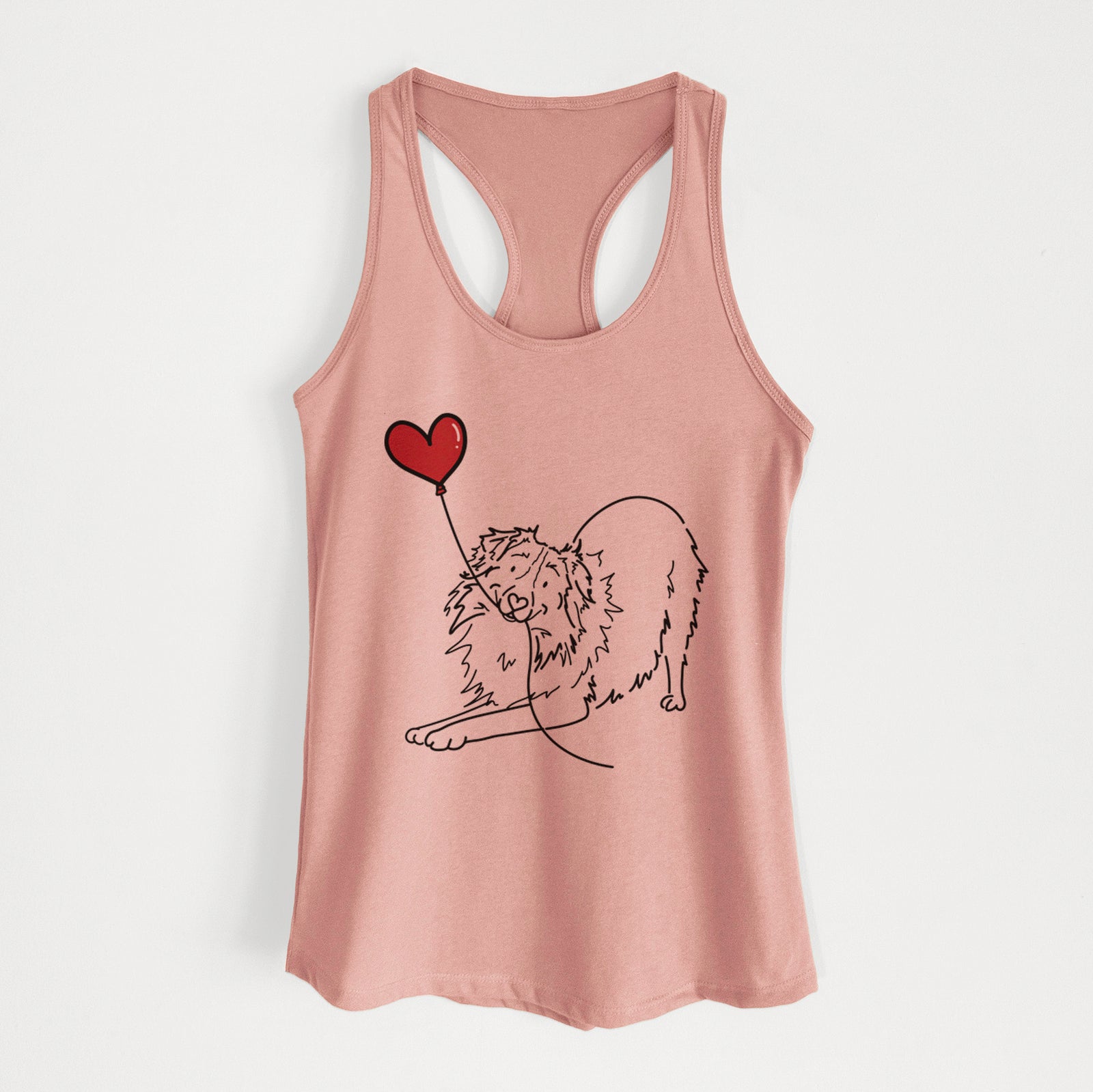Minimalist line drawing of an Australian Shepherd Heart String holding a heart balloon on a Desert Pink Women's racerback tanktop