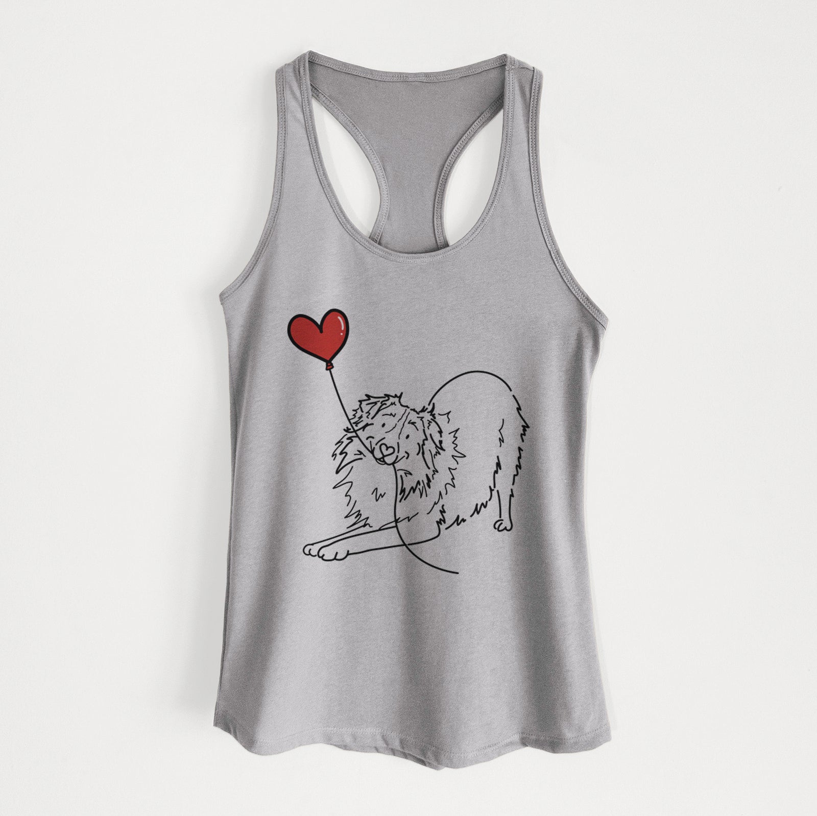 Minimalist line drawing of an Australian Shepherd Heart String holding a heart balloon on a Heather Grey Women's racerback tanktop