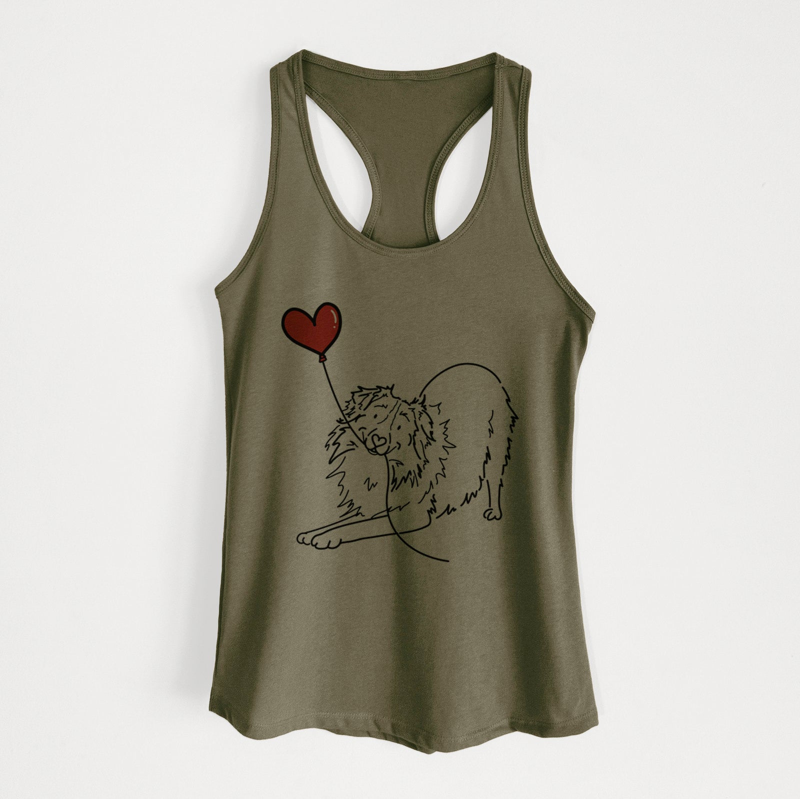 Minimalist line drawing of an Australian Shepherd Heart String holding a heart balloon on a Military Green Women's racerback tanktop
