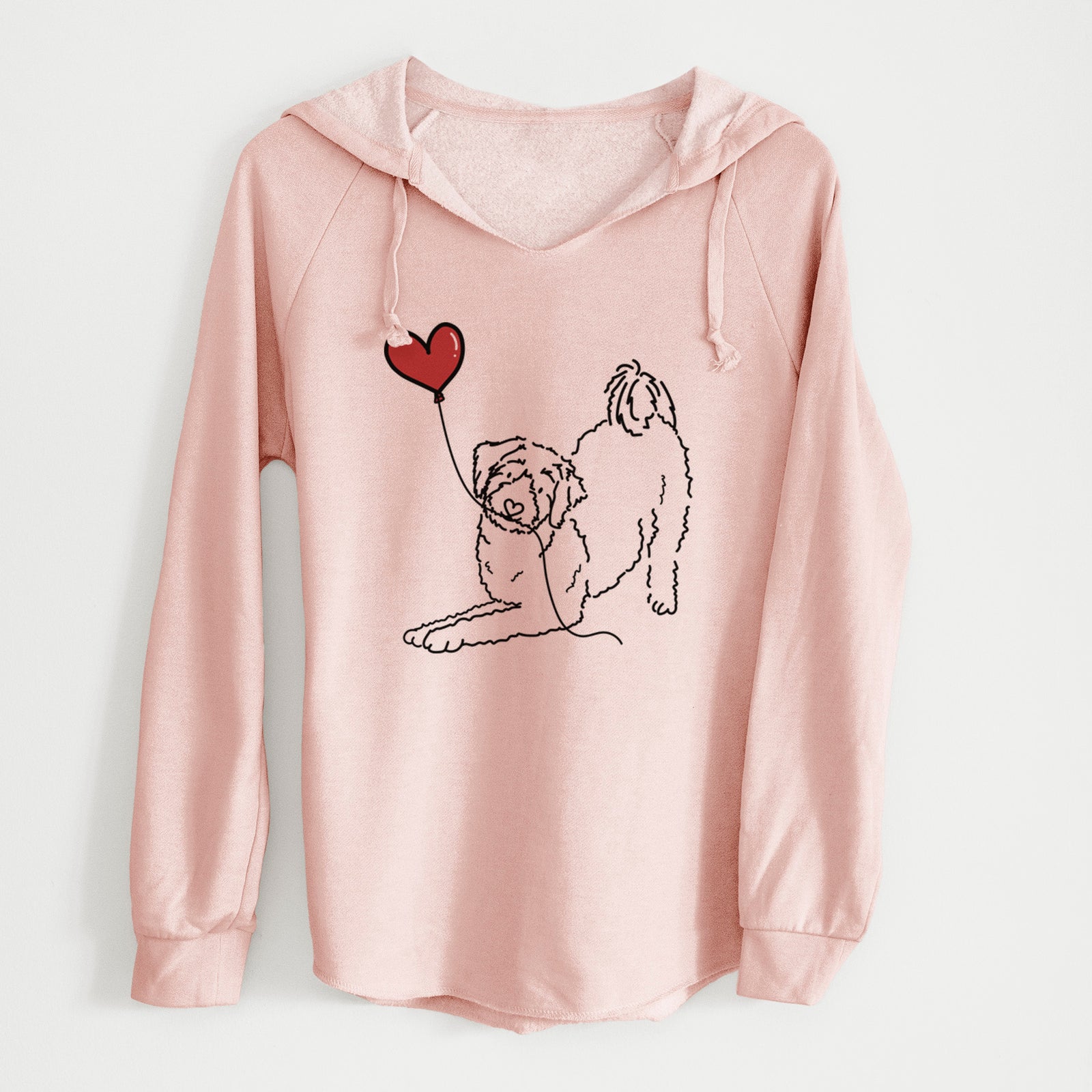 Minimalist line drawing of an Aussiedoodle Heart String holding a heart balloon on a Blush Cali Wave Hooded Sweatshirt