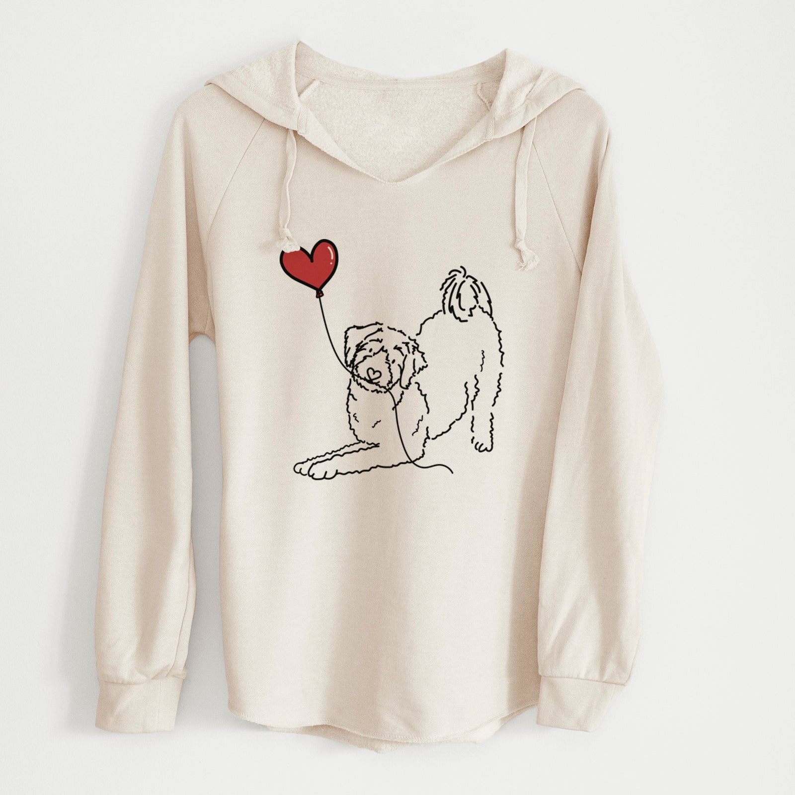 Minimalist line drawing of an Aussiedoodle Heart String holding a heart balloon on a Bone Cali Wave Hooded Sweatshirt