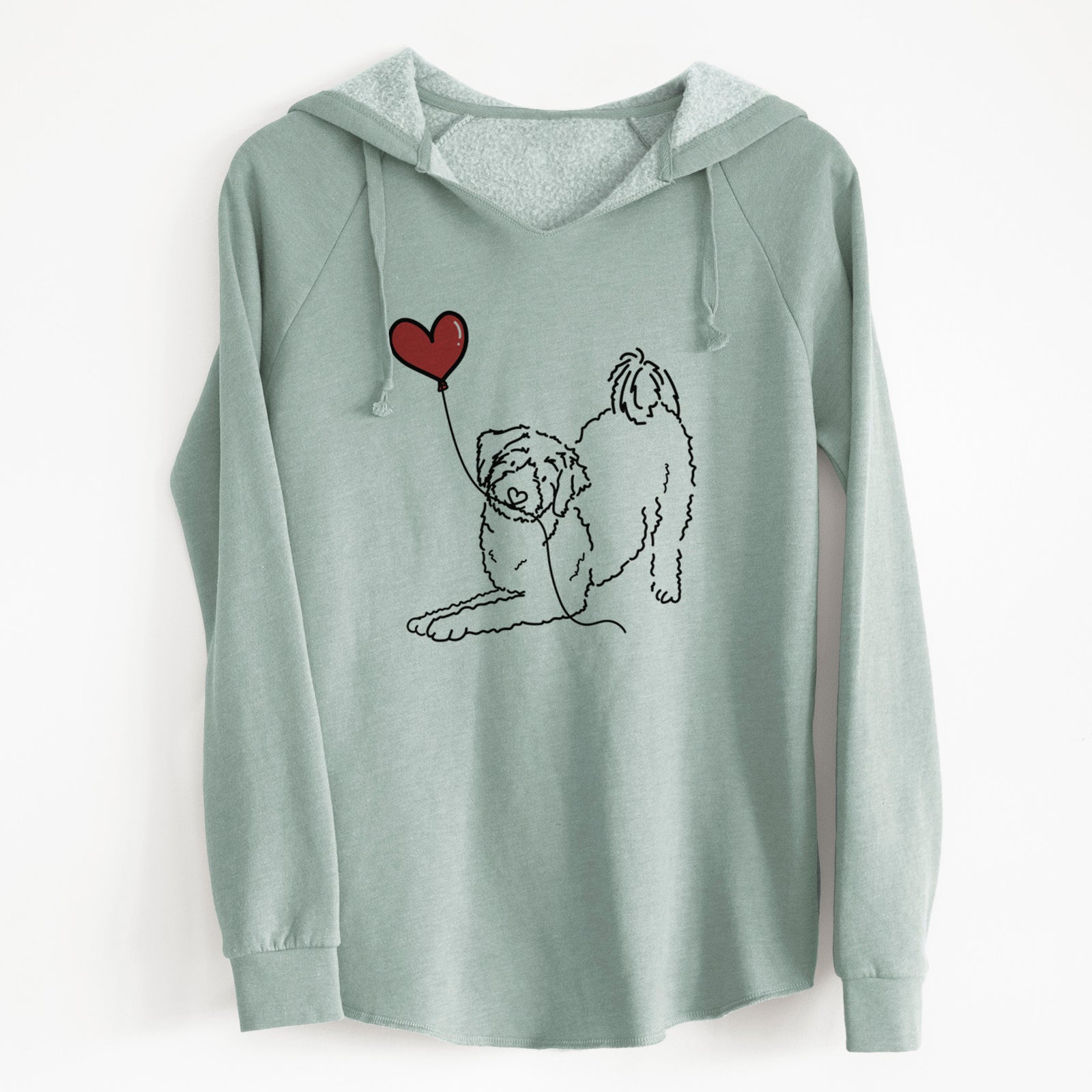 Minimalist line drawing of an Aussiedoodle Heart String holding a heart balloon on a Sage Cali Wave Hooded Sweatshirt