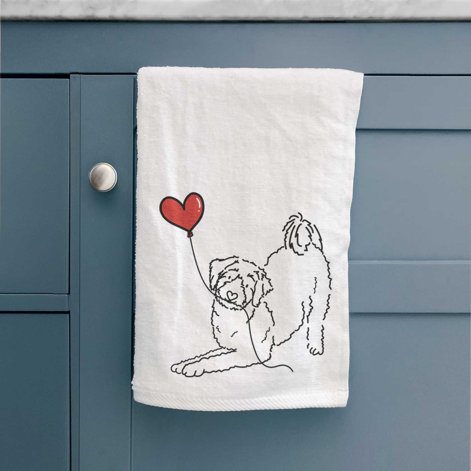 Minimalist line drawing of an Aussiedoodle Heart String holding a heart balloon on a decorative hand towel