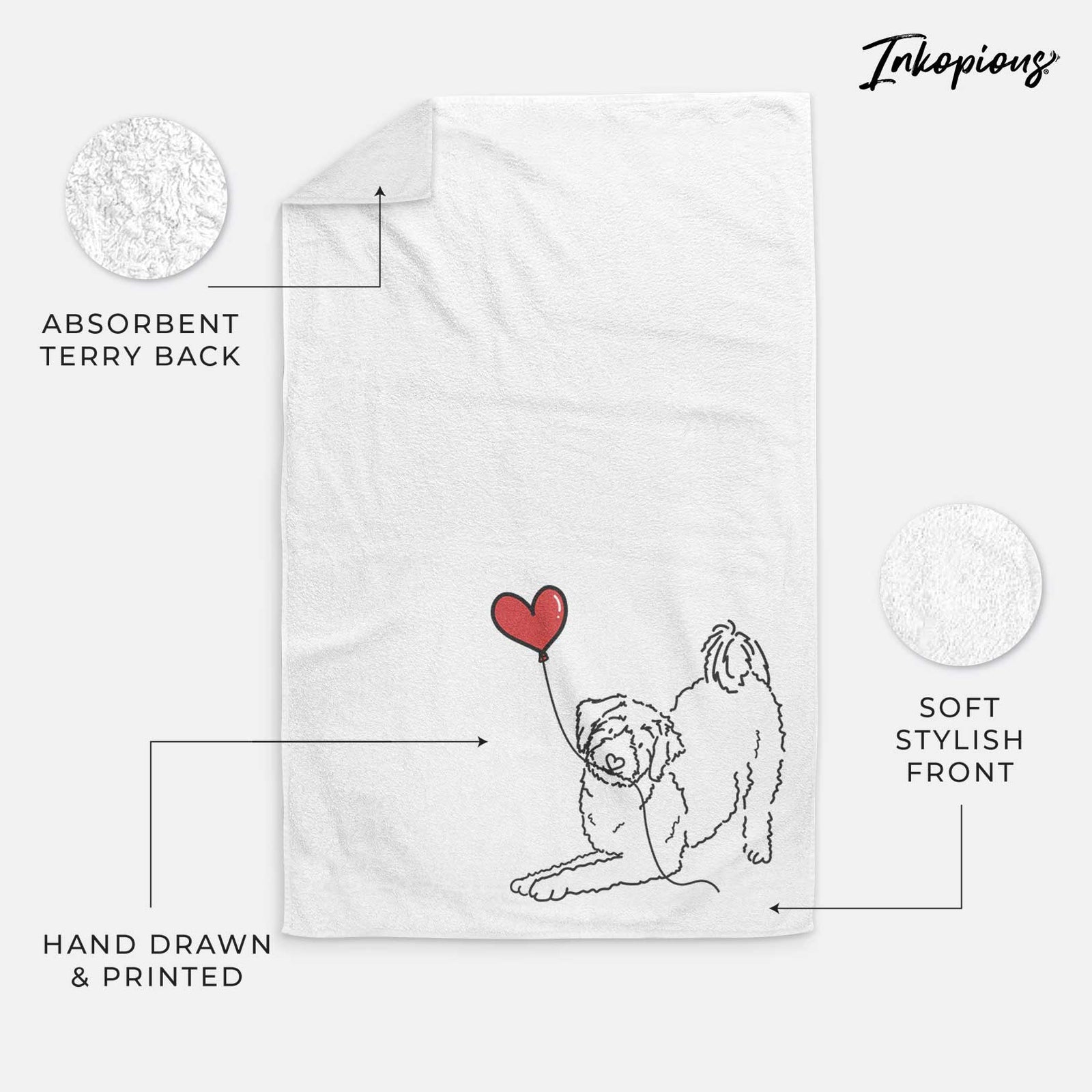 Minimalist line drawing of an Aussiedoodle Heart String holding a heart balloon on a decorative hand towel