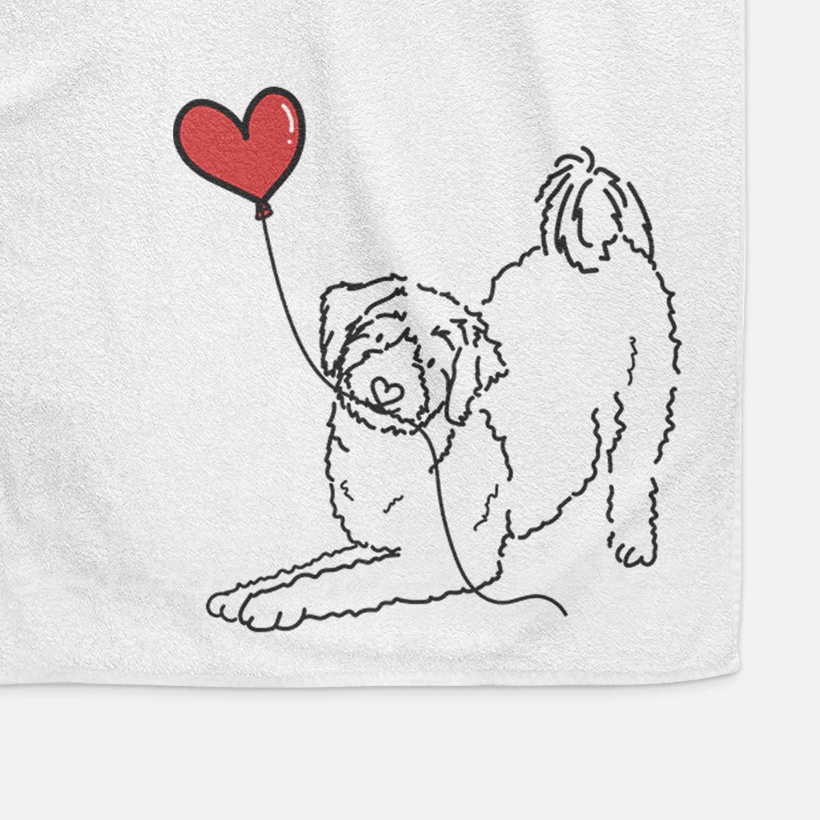 Minimalist line drawing of an Aussiedoodle Heart String holding a heart balloon on a decorative hand towel
