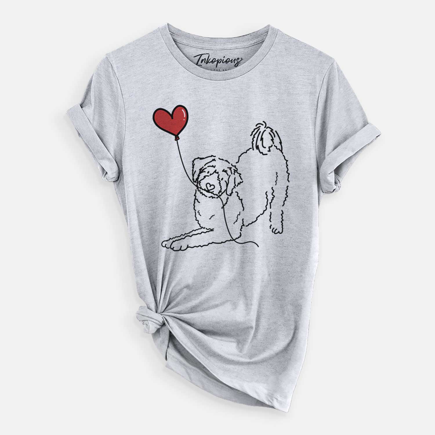 Minimalist line drawing of an Aussiedoodle Heart String holding a heart balloon on a Grey Unisex crewneck