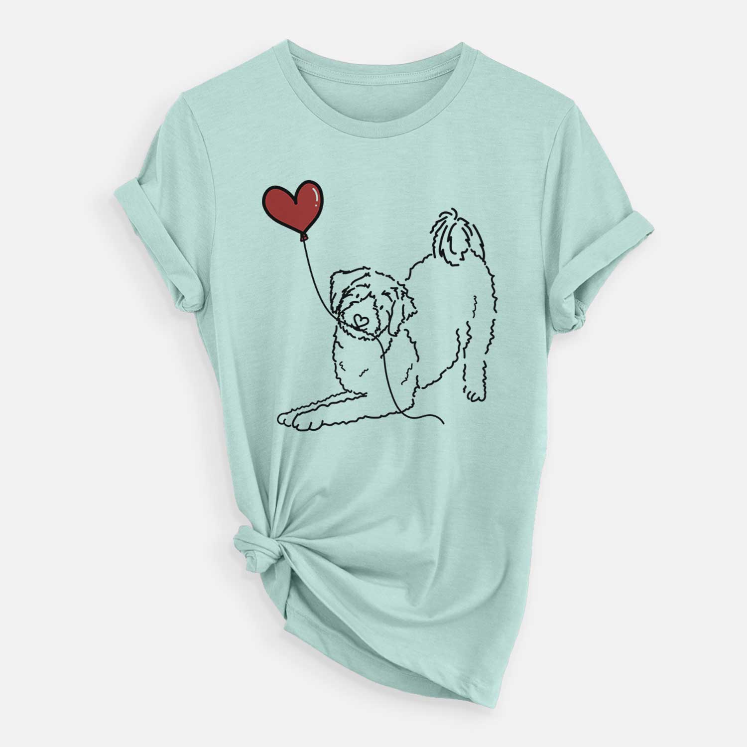 Minimalist line drawing of an Aussiedoodle Heart String holding a heart balloon on a Heather Sage Unisex crewneck