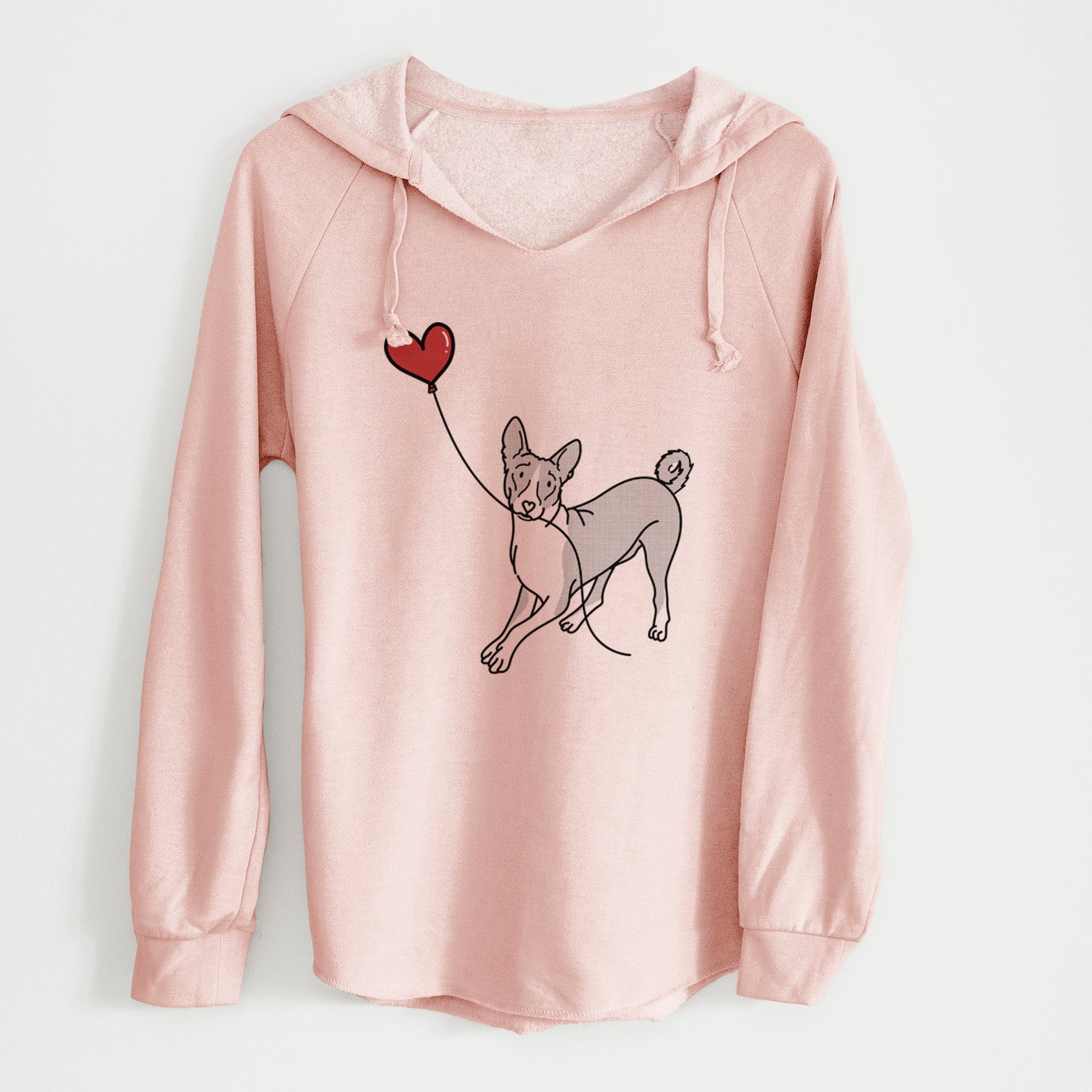 Minimalist line drawing of a Basenji Heart String holding a heart balloon on a Blush Cali Wave Hooded Sweatshirt
