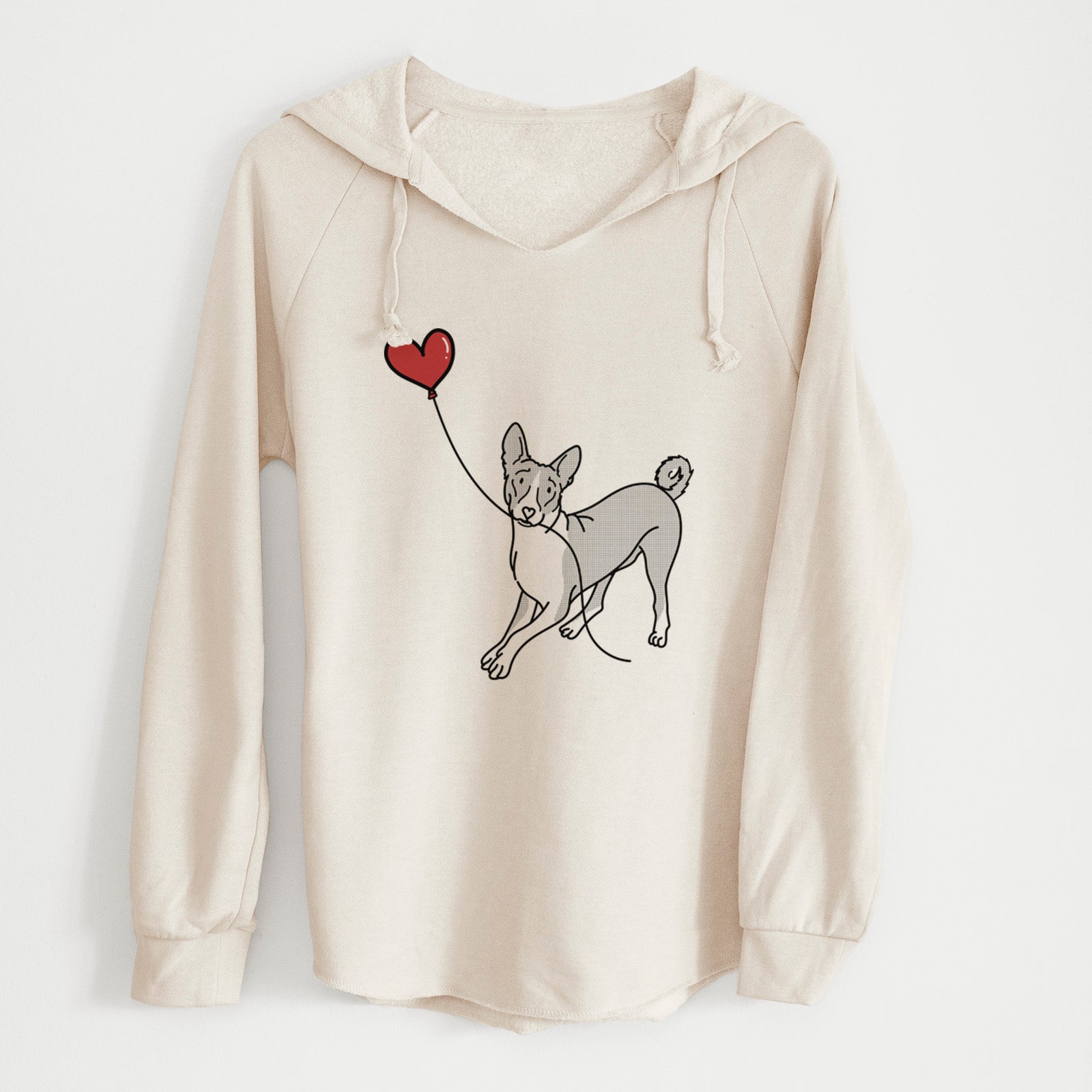 Minimalist line drawing of a Basenji Heart String holding a heart balloon on a Bone Cali Wave Hooded Sweatshirt