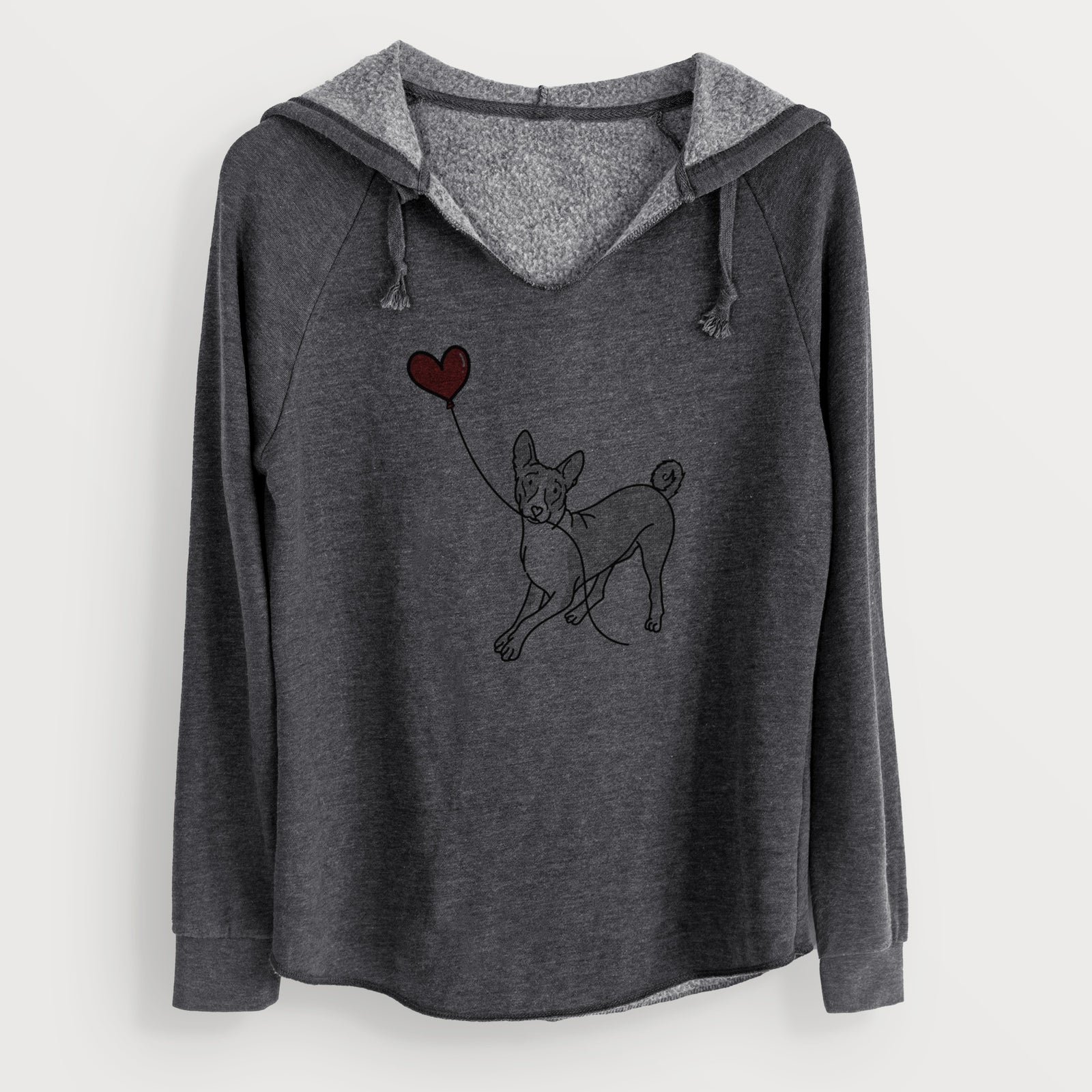 Minimalist line drawing of a Basenji Heart String holding a heart balloon on a Charcoal Cali Wave Hooded Sweatshirt