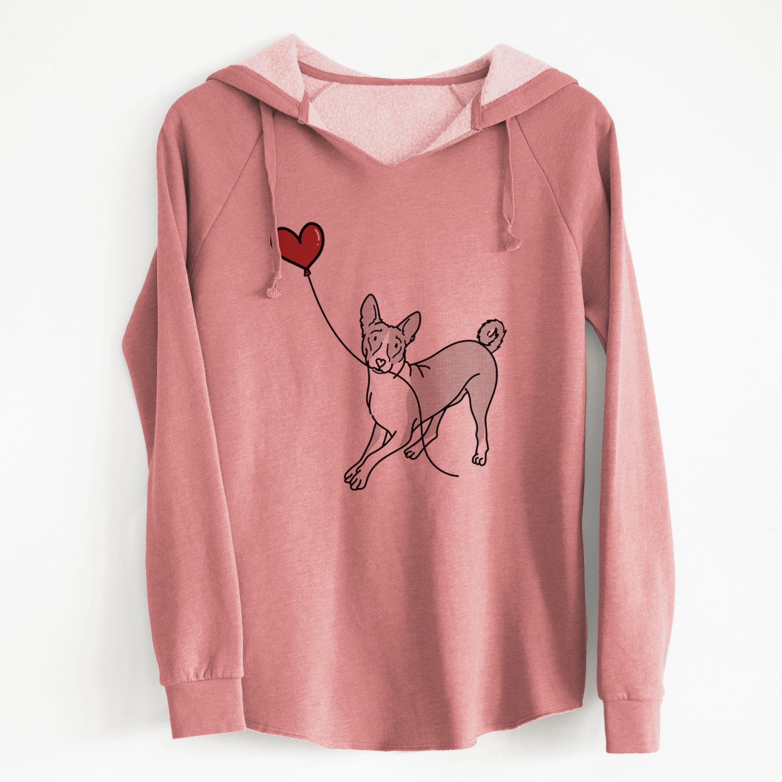 Minimalist line drawing of a Basenji Heart String holding a heart balloon on a Dusty Rose Cali Wave Hooded Sweatshirt