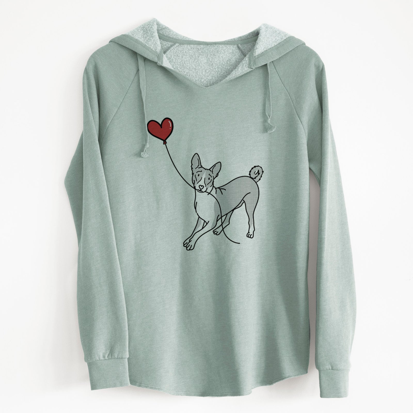 Minimalist line drawing of a Basenji Heart String holding a heart balloon on a Sage Cali Wave Hooded Sweatshirt
