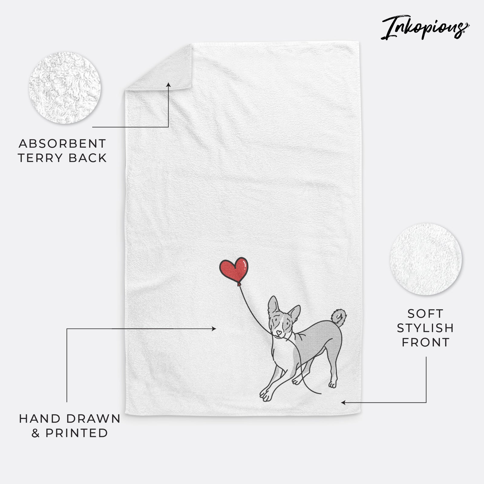 Minimalist line drawing of a Basenji Heart String holding a heart balloon on a decorative hand towel
