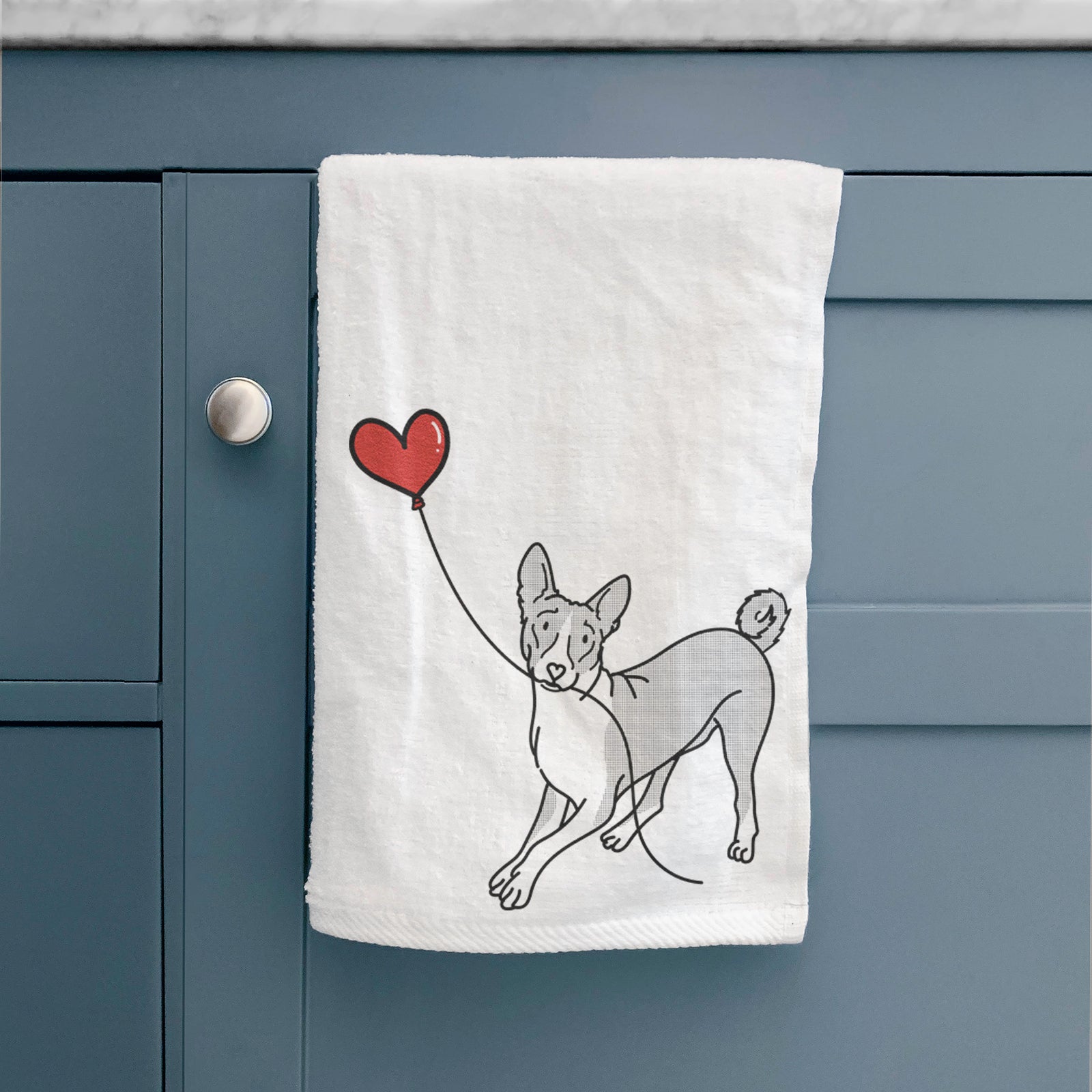 Minimalist line drawing of a Basenji Heart String holding a heart balloon on a decorative hand towel