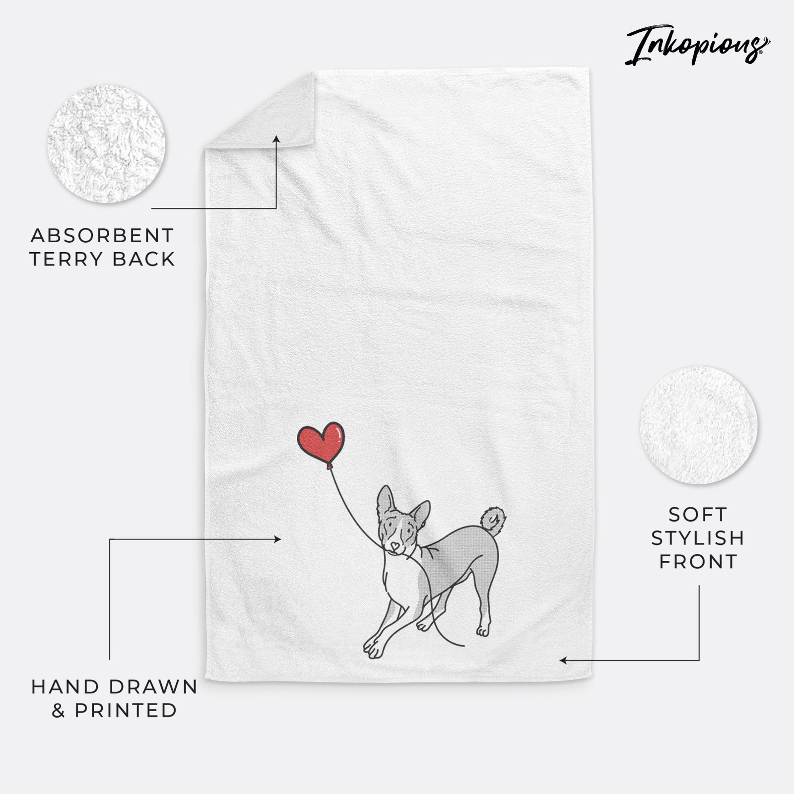 Minimalist line drawing of a Basenji Heart String holding a heart balloon on a decorative hand towel
