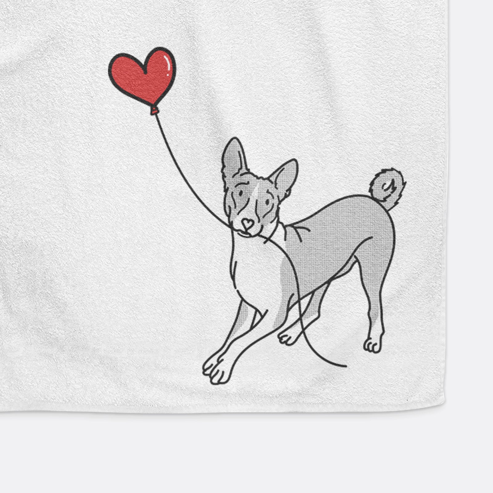 Minimalist line drawing of a Basenji Heart String holding a heart balloon on a decorative hand towel