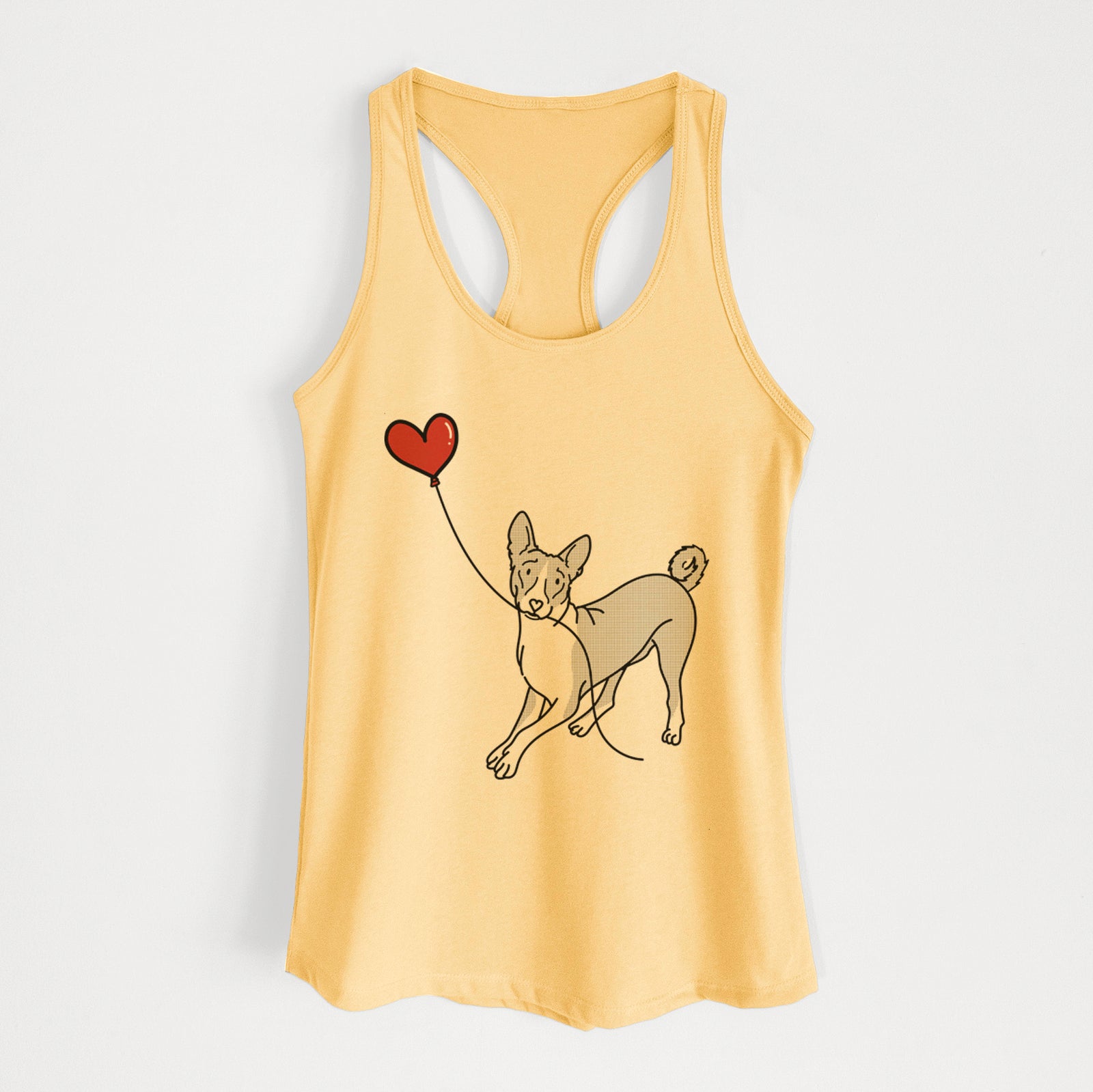 Minimalist line drawing of a Basenji Heart String holding a heart balloon on a Banana Cream Women's racerback tanktop