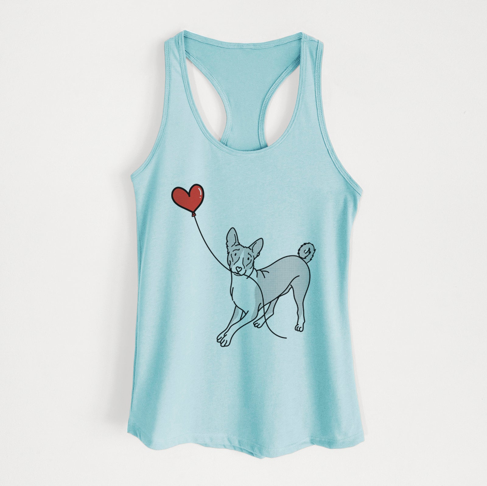 Minimalist line drawing of a Basenji Heart String holding a heart balloon on a Cancun Blue Women's racerback tanktop