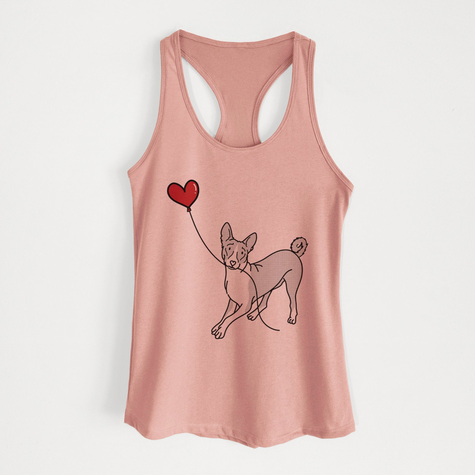 Minimalist line drawing of a Basenji Heart String holding a heart balloon on a Desert Pink Women's racerback tanktop