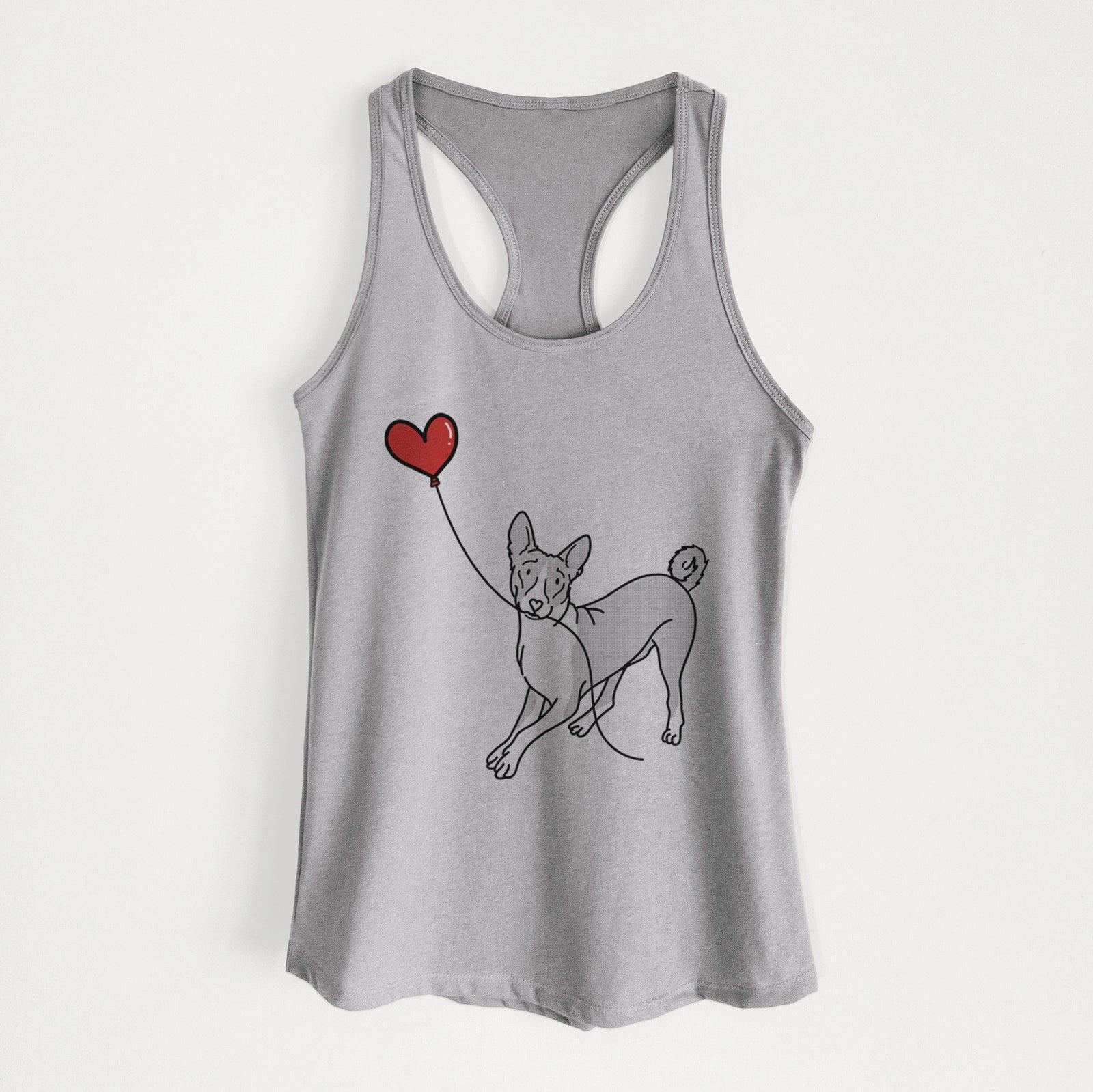 Minimalist line drawing of a Basenji Heart String holding a heart balloon on a Heather Grey Women's racerback tanktop
