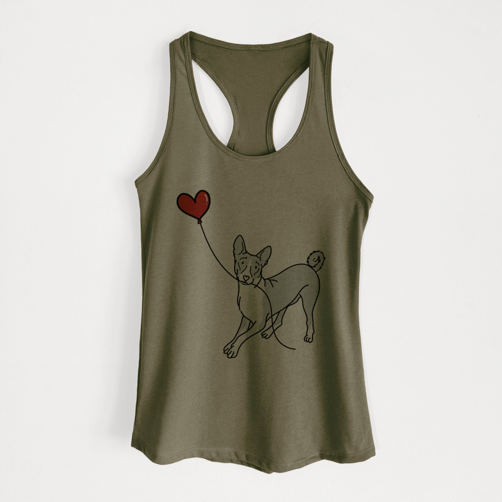 Minimalist line drawing of a Basenji Heart String holding a heart balloon on a Military Green Women's racerback tanktop