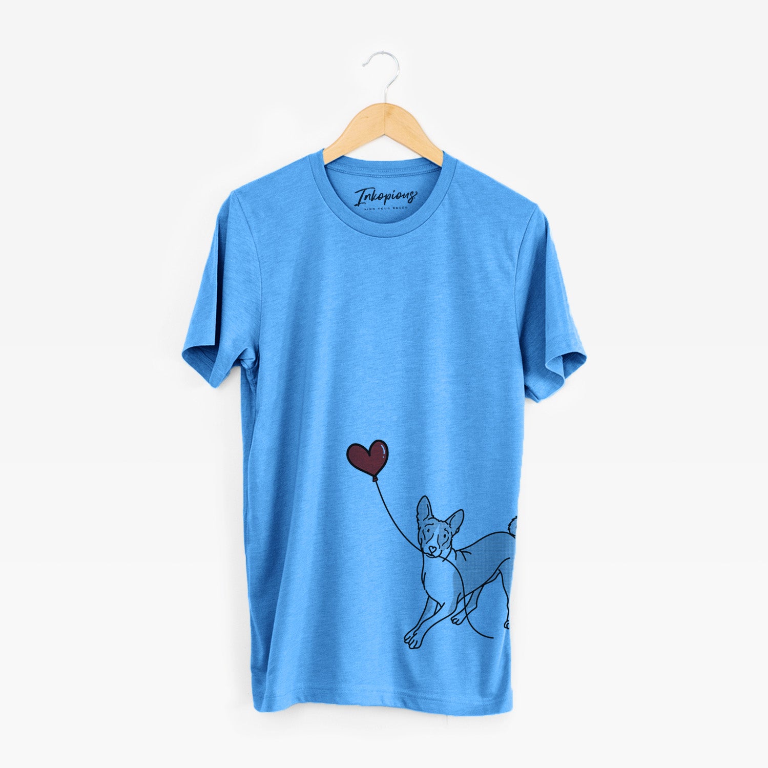 Minimalist line drawing of a Basenji Heart String holding a heart balloon on a Blue Unisex crewneck