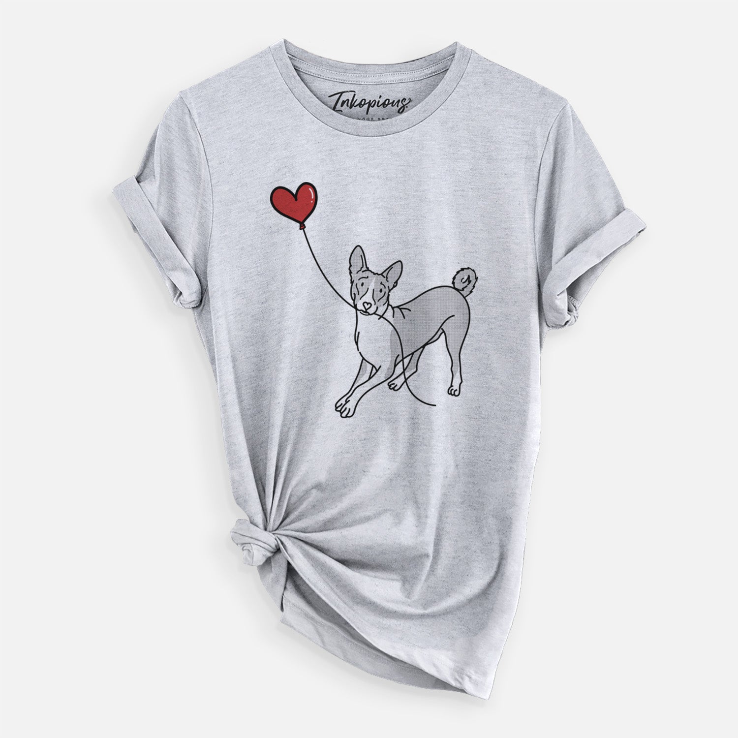 Minimalist line drawing of a Basenji Heart String holding a heart balloon on a Grey Unisex crewneck
