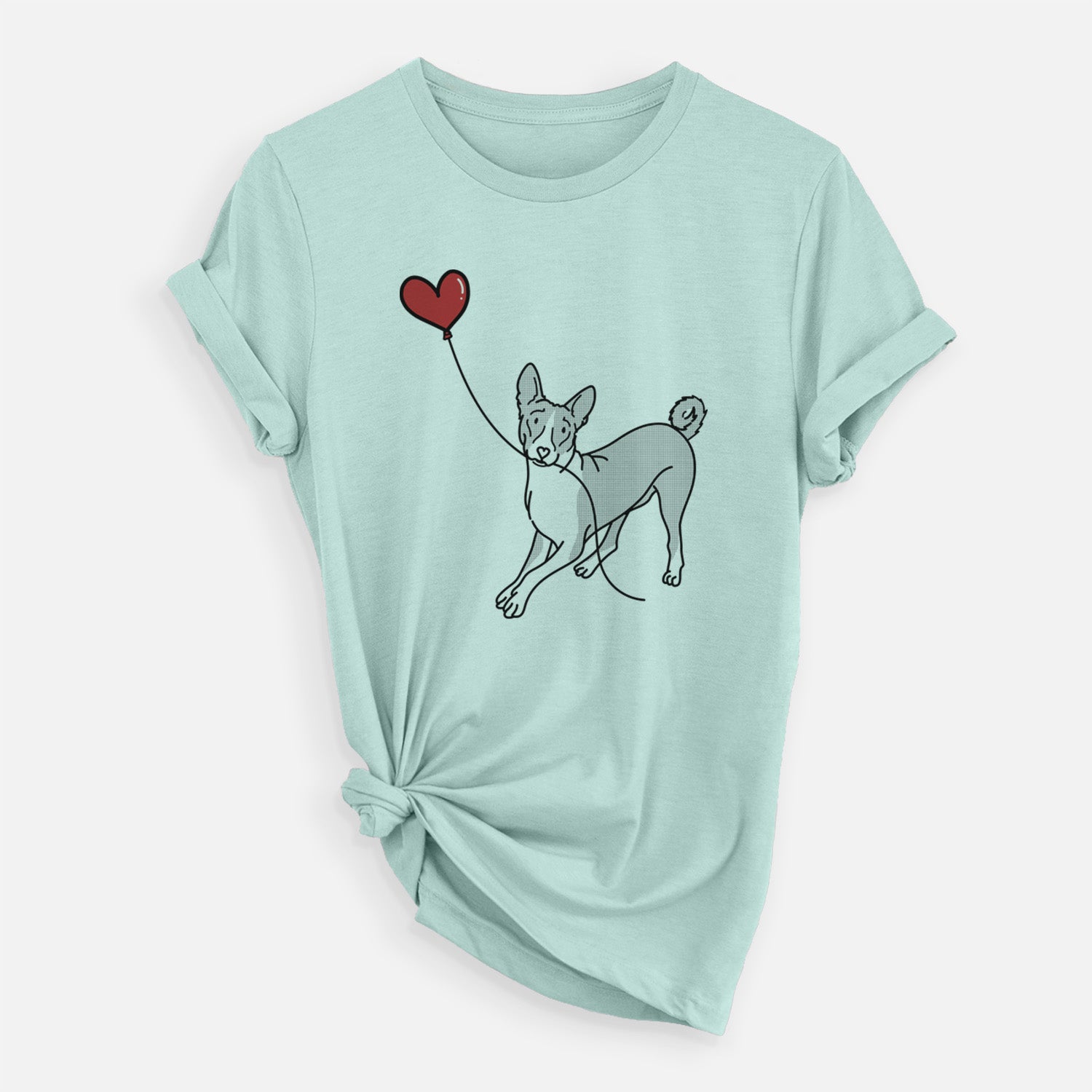 Minimalist line drawing of a Basenji Heart String holding a heart balloon on a Heather Sage Unisex crewneck
