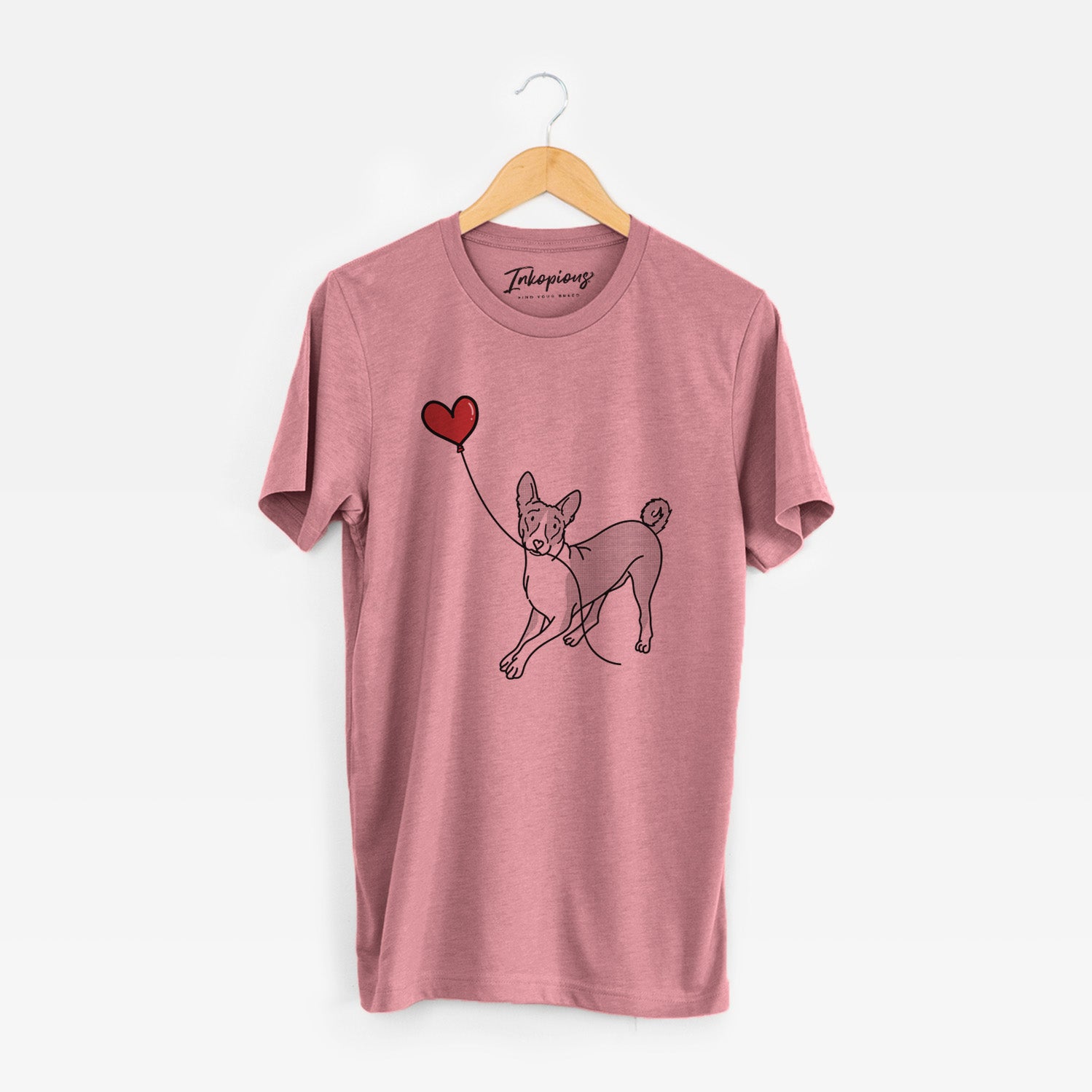 Minimalist line drawing of a Basenji Heart String holding a heart balloon on a Mauve Unisex crewneck