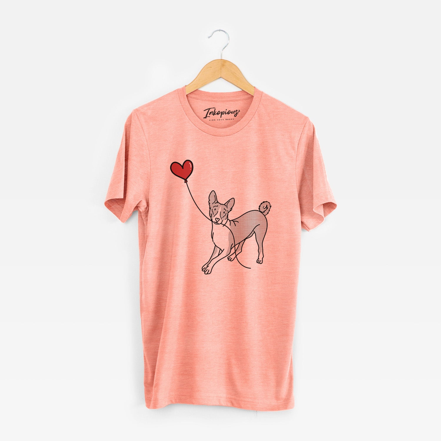 Minimalist line drawing of a Basenji Heart String holding a heart balloon on a Sunset Unisex crewneck