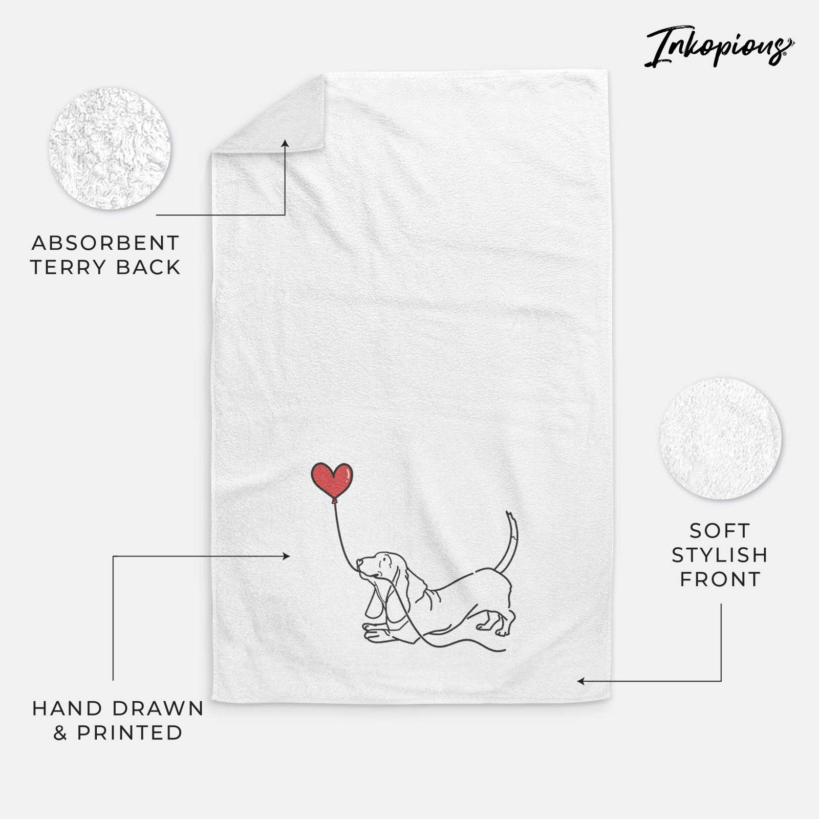 Minimalist line drawing of a Basset Hound Heart String holding a heart balloon on a decorative hand towel