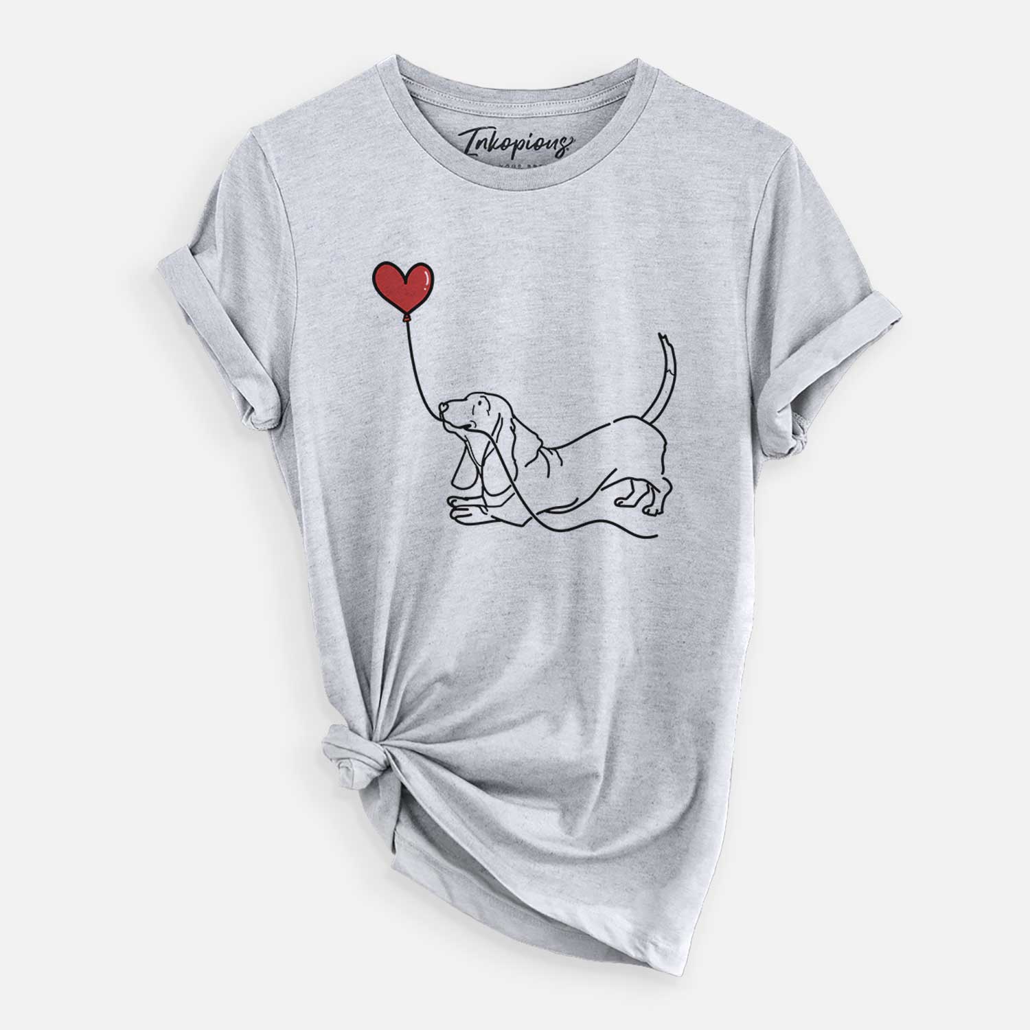 Minimalist line drawing of a Basset Hound Heart String holding a heart balloon on a Grey Unisex crewneck