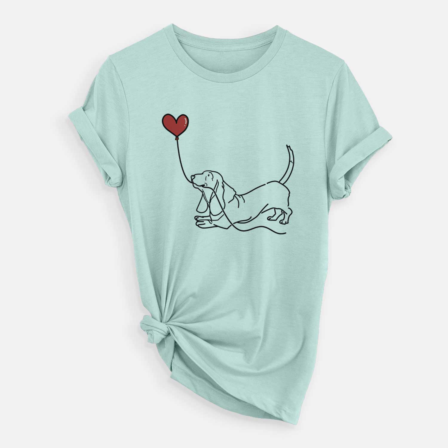 Minimalist line drawing of a Basset Hound Heart String holding a heart balloon on a Heather Sage Unisex crewneck
