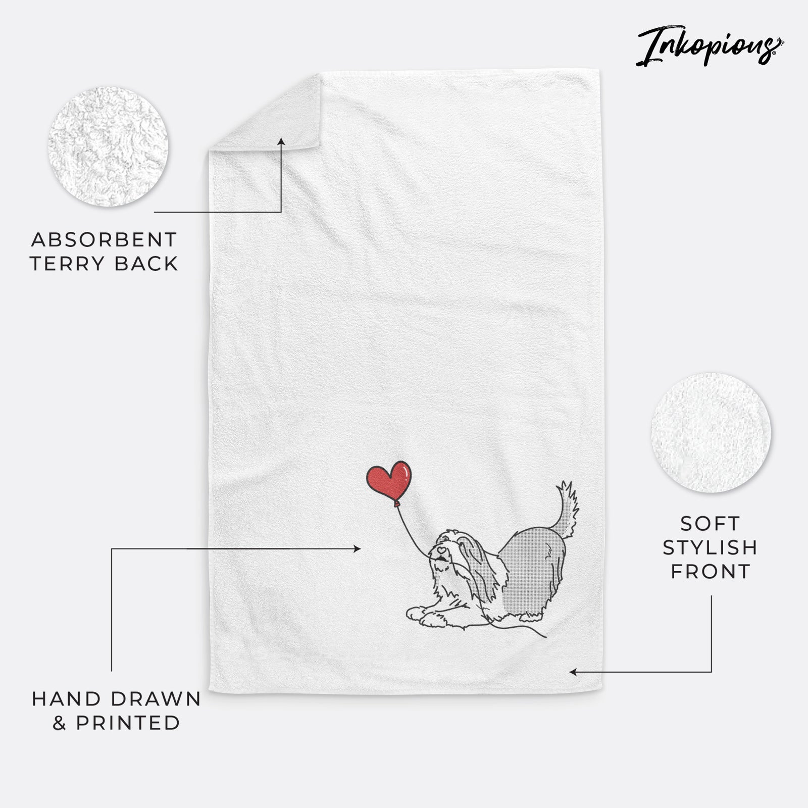 Minimalist line drawing of a Bearded Collie Heart String holding a heart balloon on a decorative hand towel