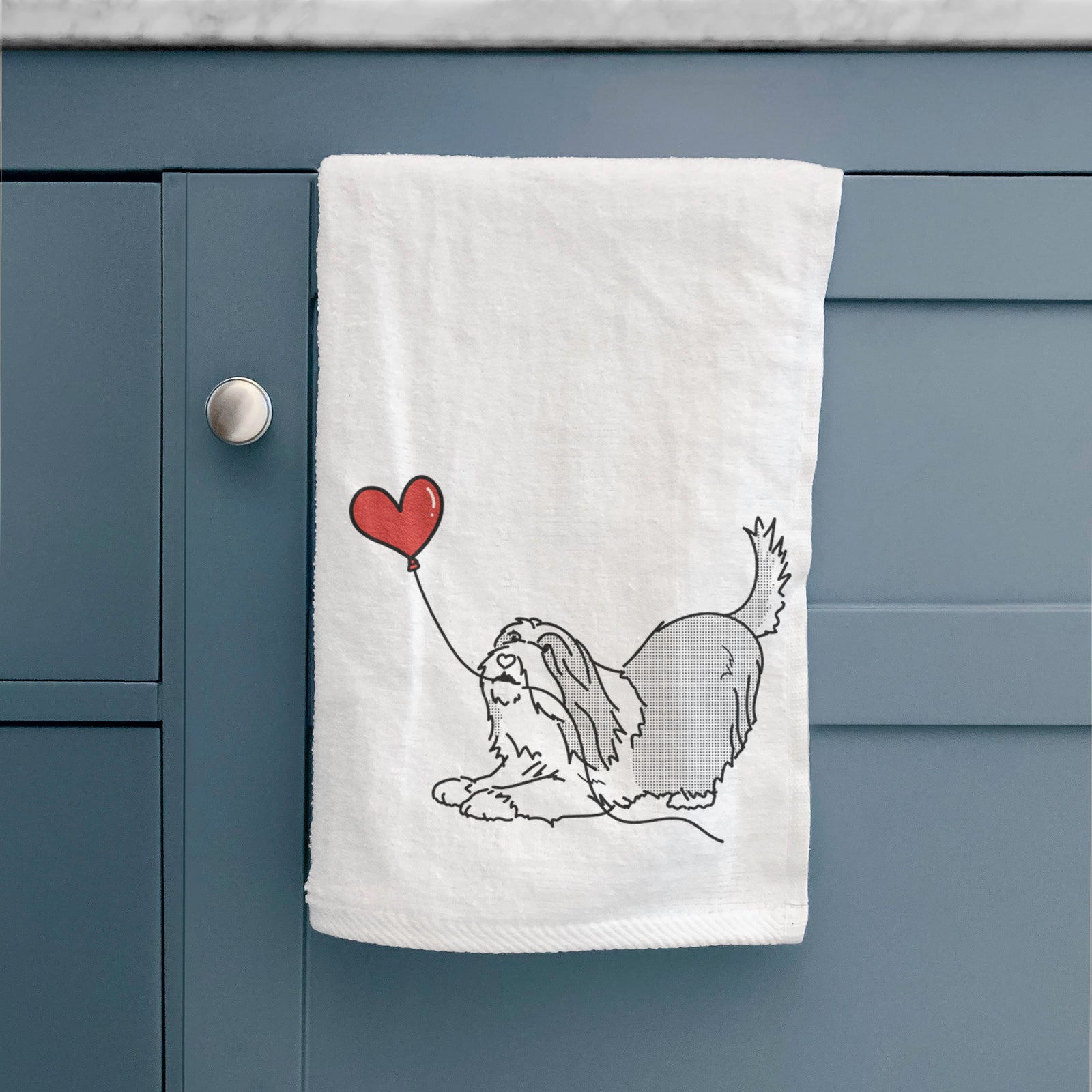 Minimalist line drawing of a Bearded Collie Heart String holding a heart balloon on a decorative hand towel