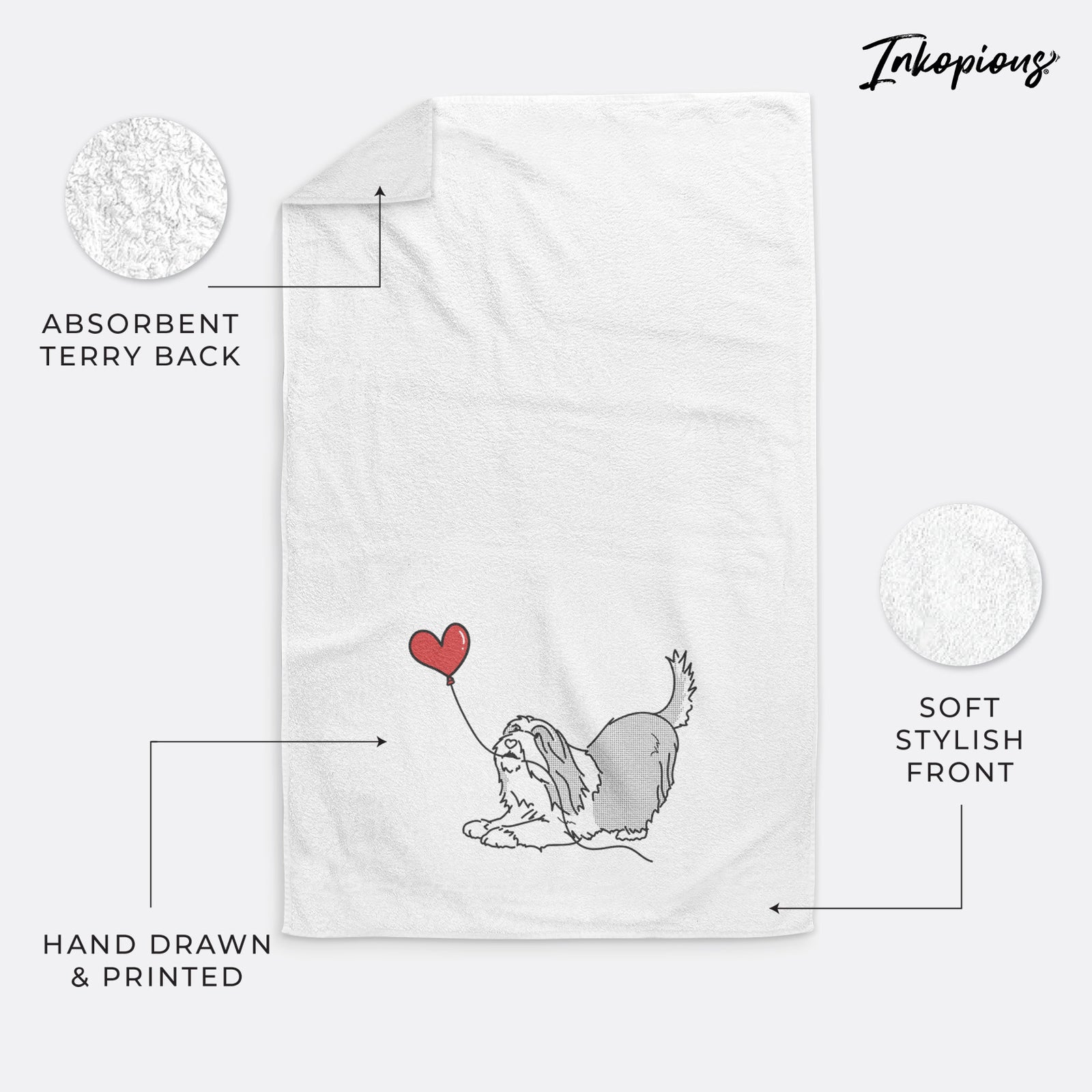 Minimalist line drawing of a Bearded Collie Heart String holding a heart balloon on a decorative hand towel