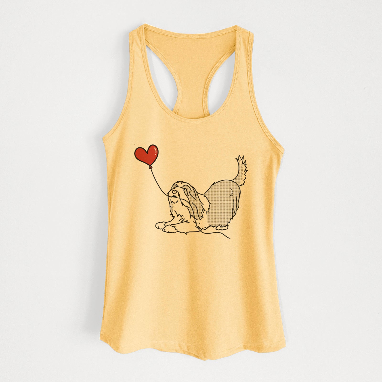 Minimalist line drawing of a Bearded Collie Heart String holding a heart balloon on a Banana Cream Women's racerback tanktop