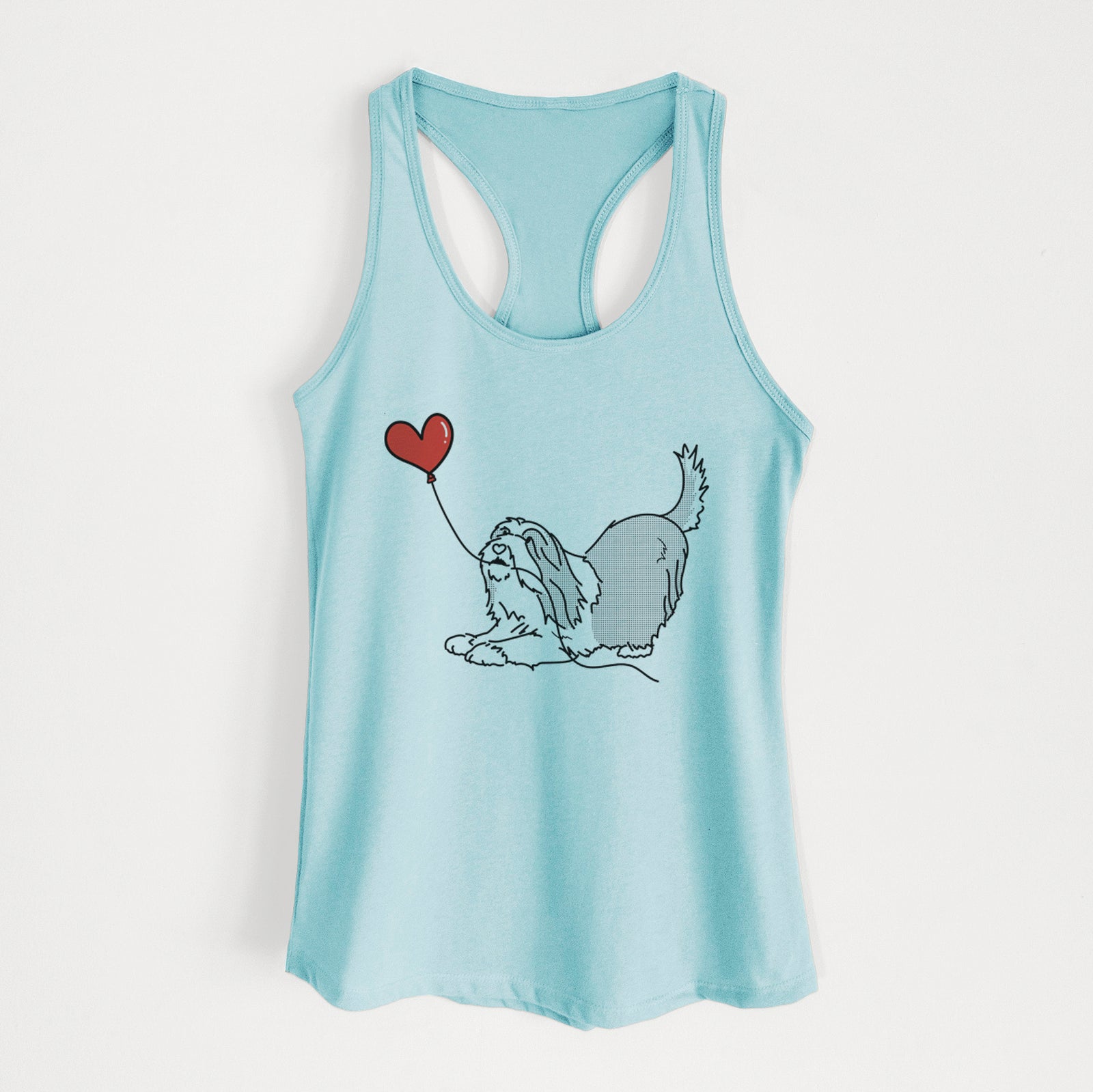 Minimalist line drawing of a Bearded Collie Heart String holding a heart balloon on a Cancun Blue Women's racerback tanktop