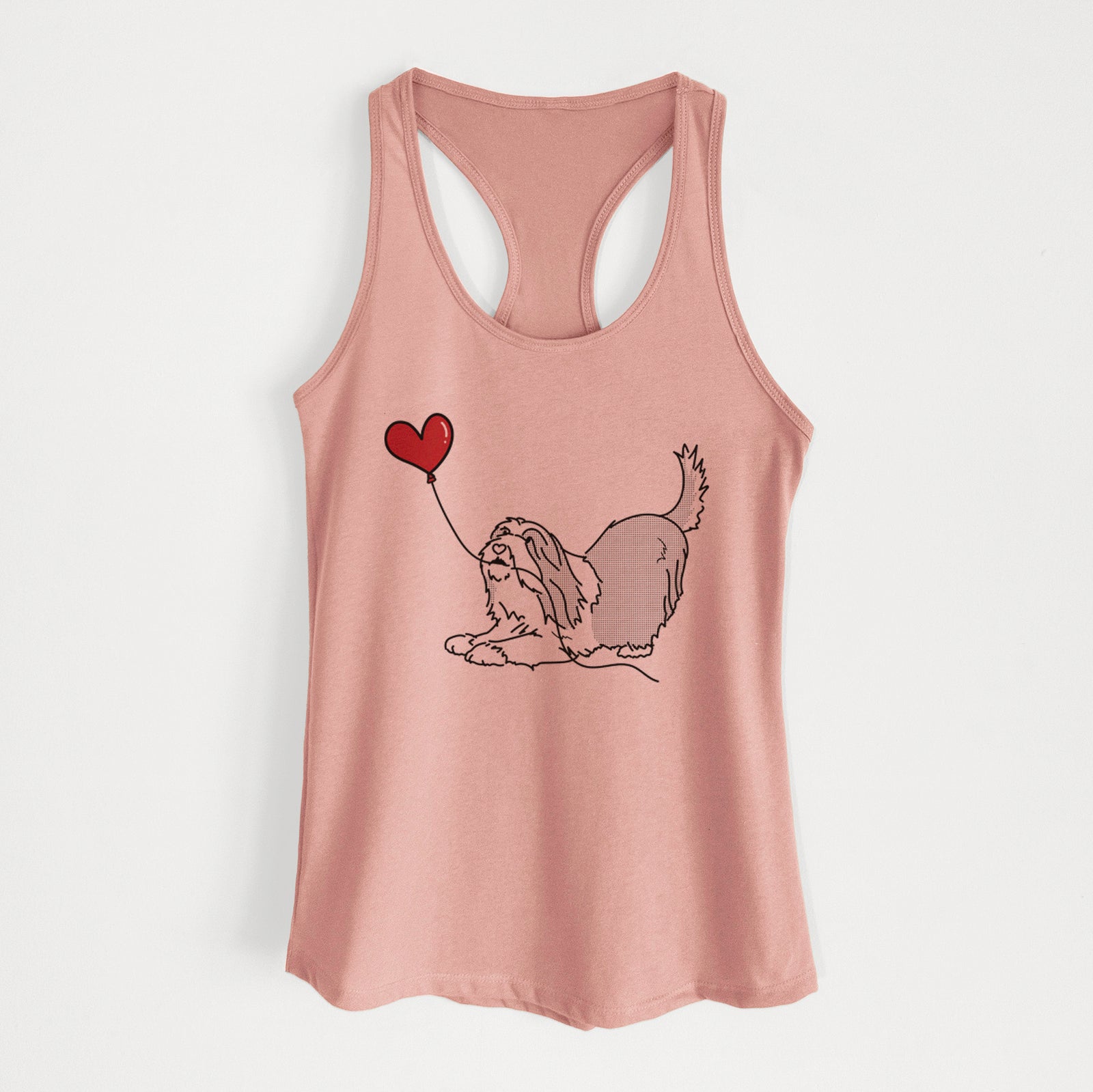 Minimalist line drawing of a Bearded Collie Heart String holding a heart balloon on a Desert Pink Women's racerback tanktop