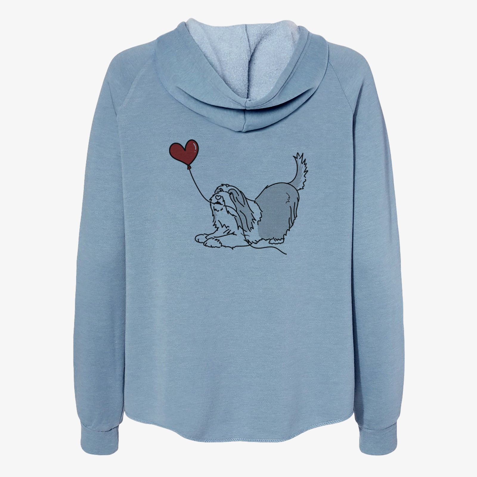 Minimalist line drawing of a Bearded Collie Heart String- Women's Cali Wave Zip-Up Sweatshirt holding a heart balloon on a Misty Blue Cali Wave Zipup Sweatshirt